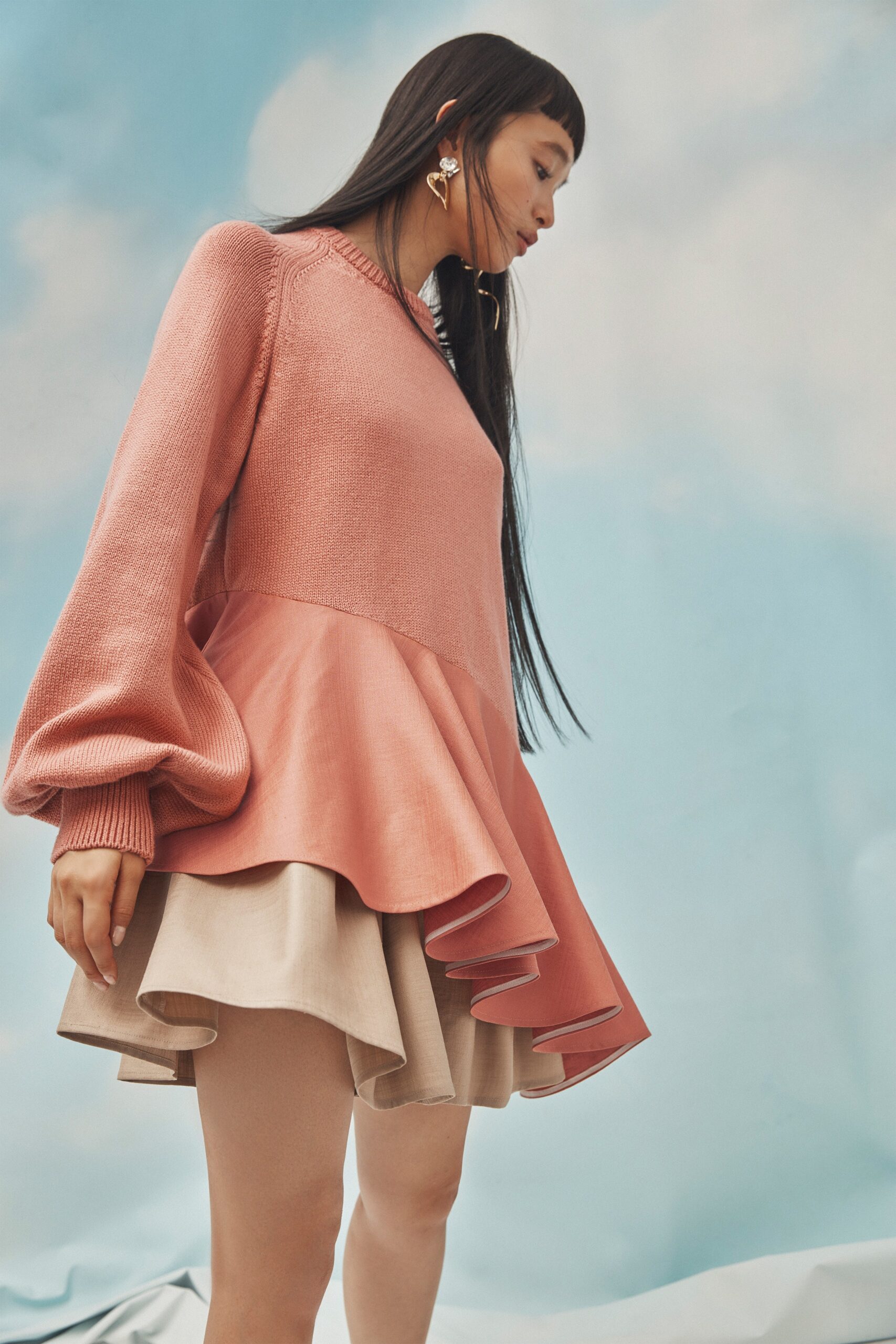 pink fitted top with flared skirt