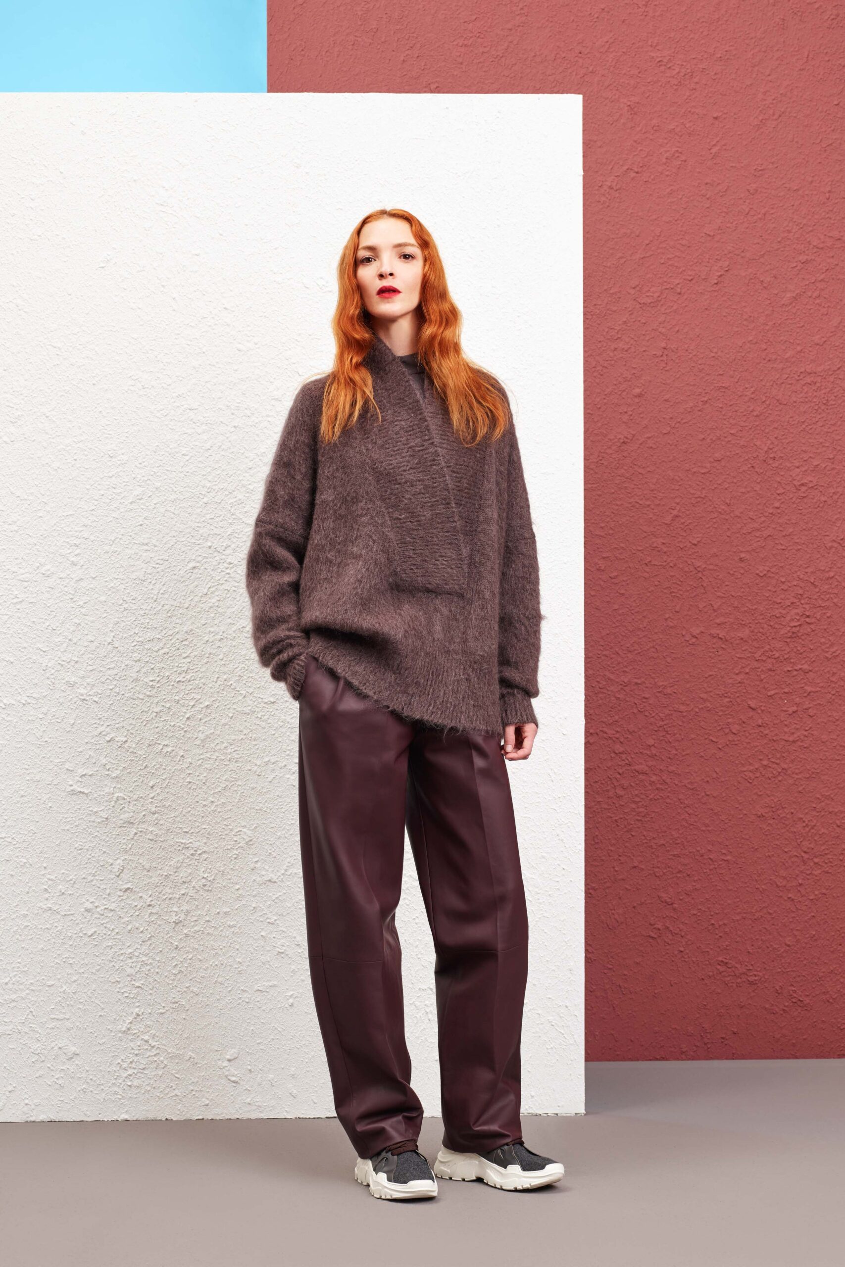 brown wool relaxed sweater with maroon pants