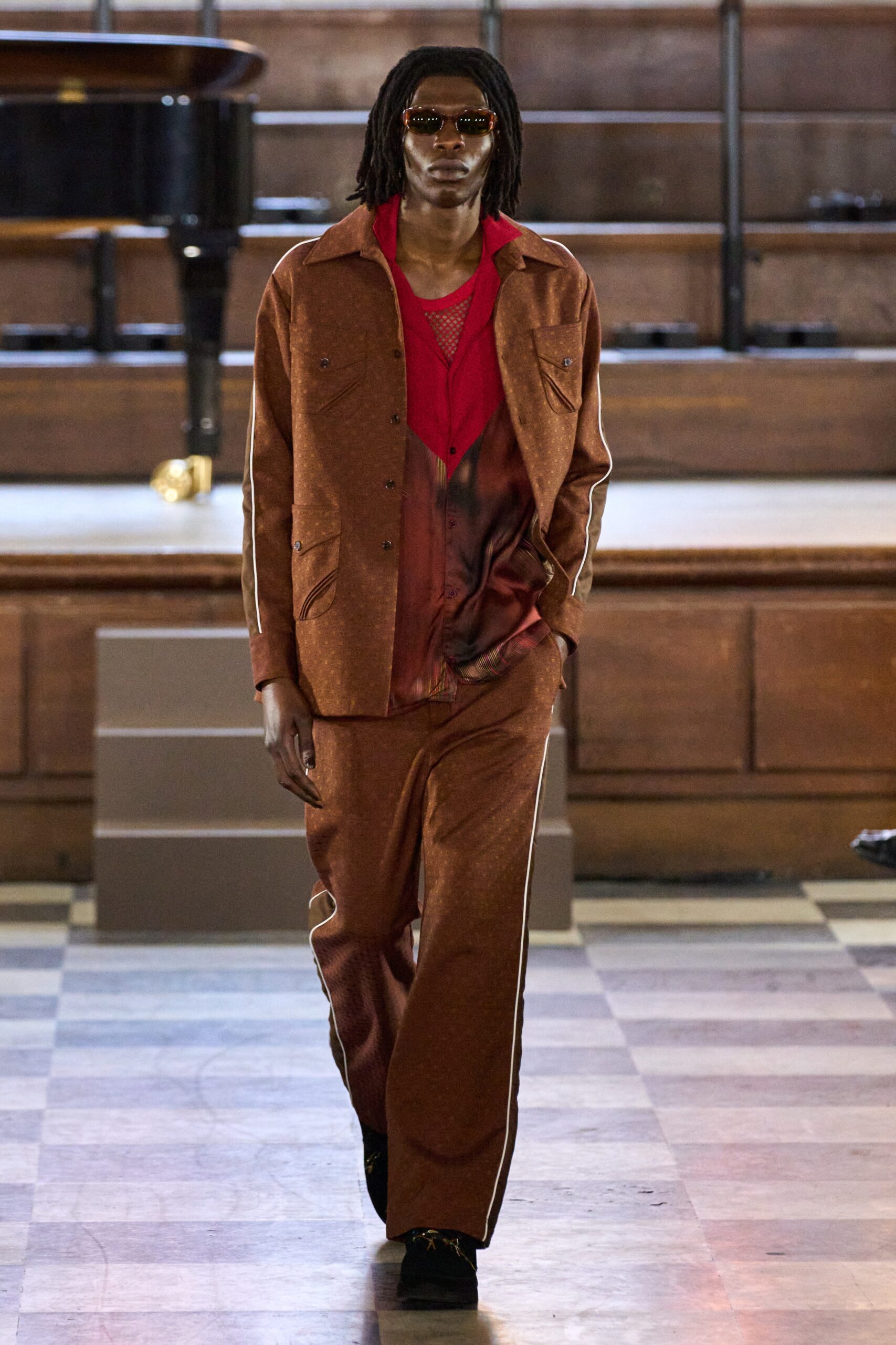 brown long-sleeve collared relaxed buttoned printed jacket