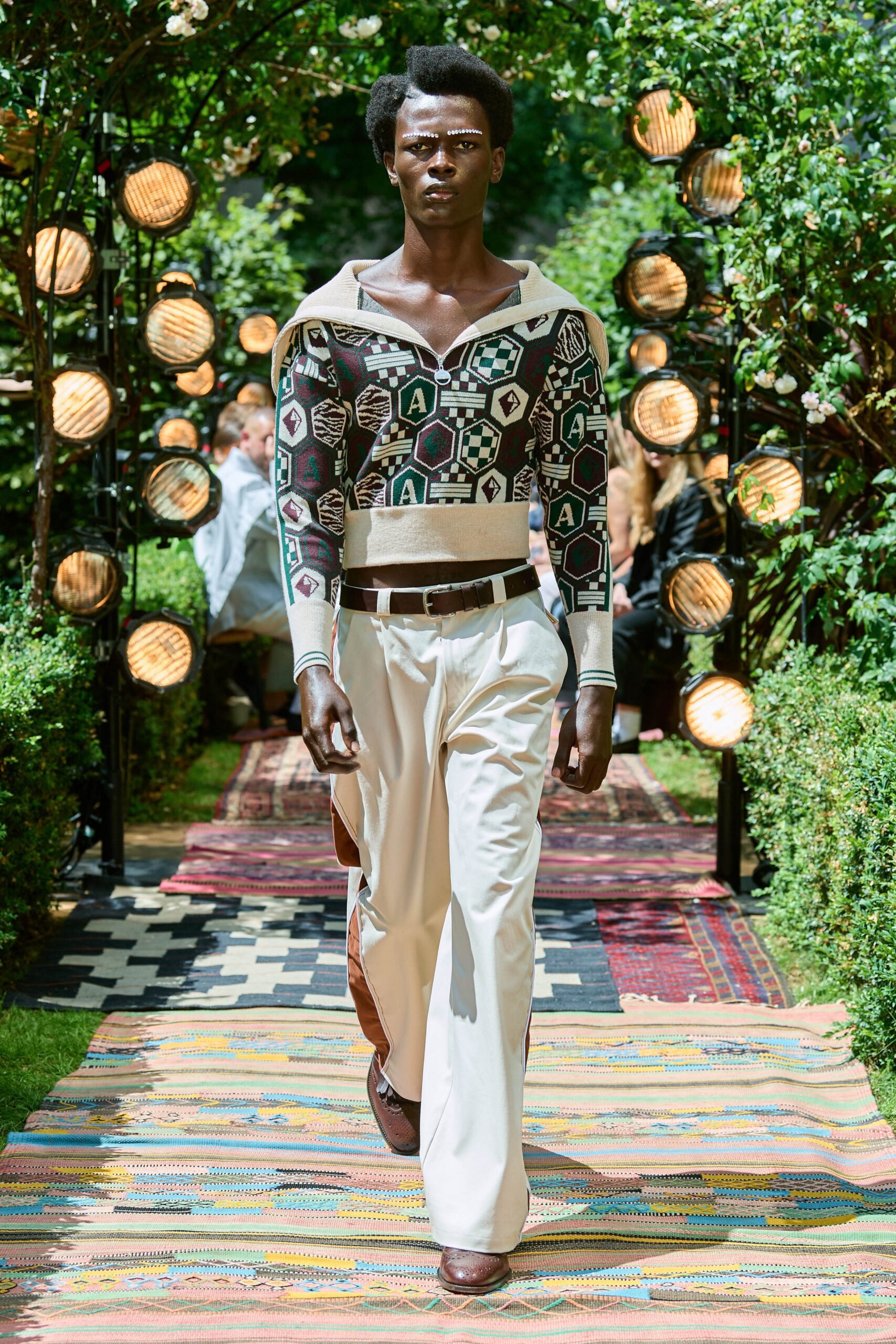 fitted printed sweater with relaxed pants