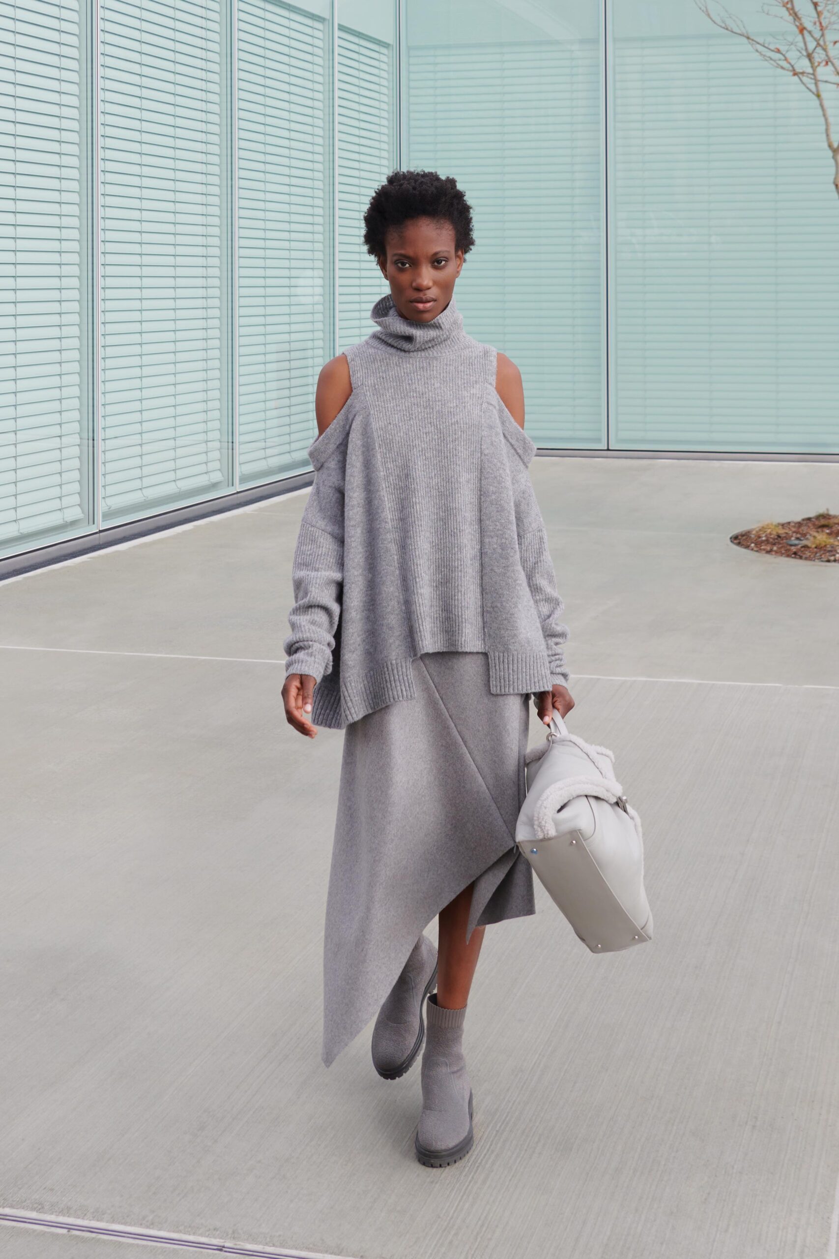 gray wool asymmetric relaxed layered skirt