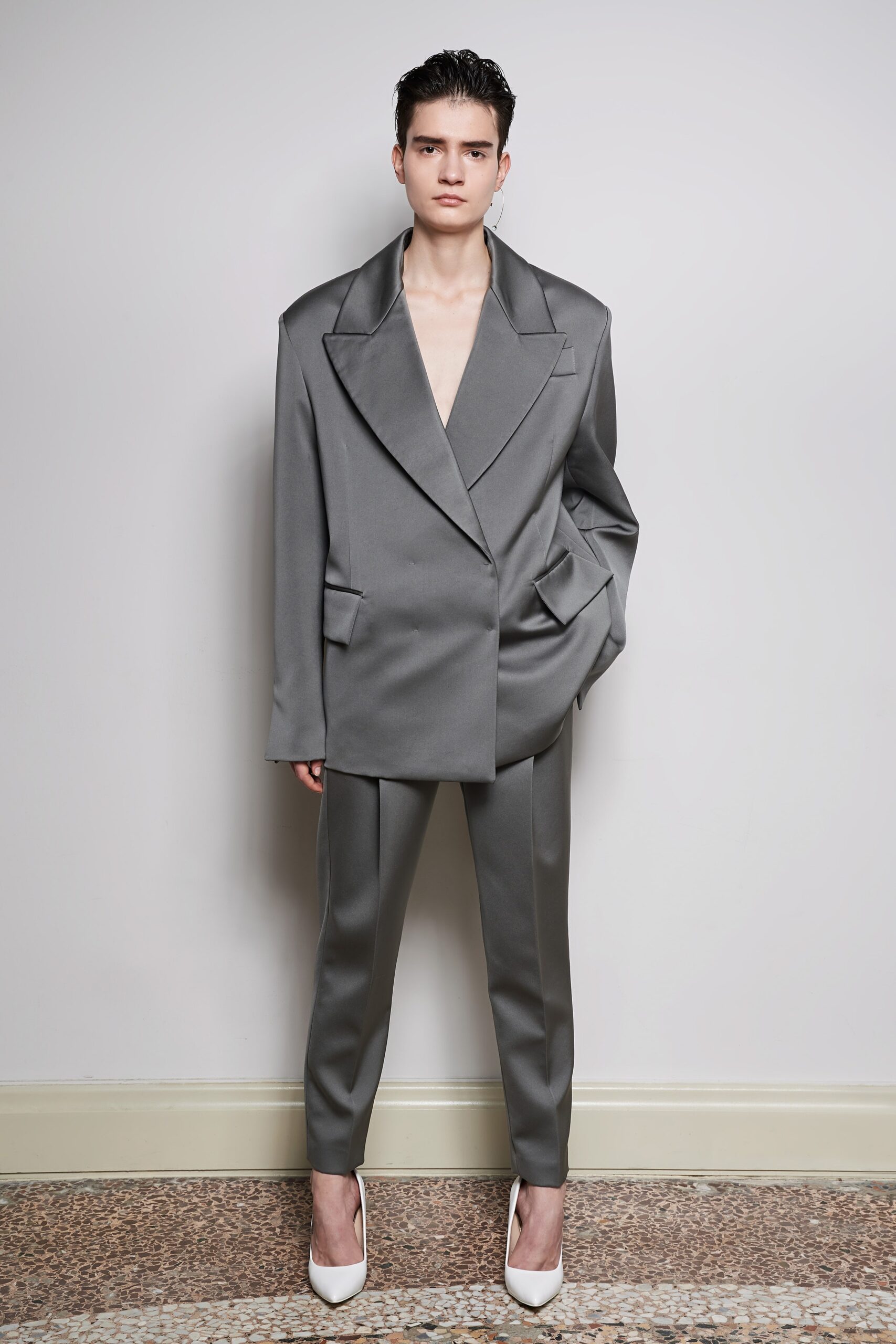 tailored gray silk suit