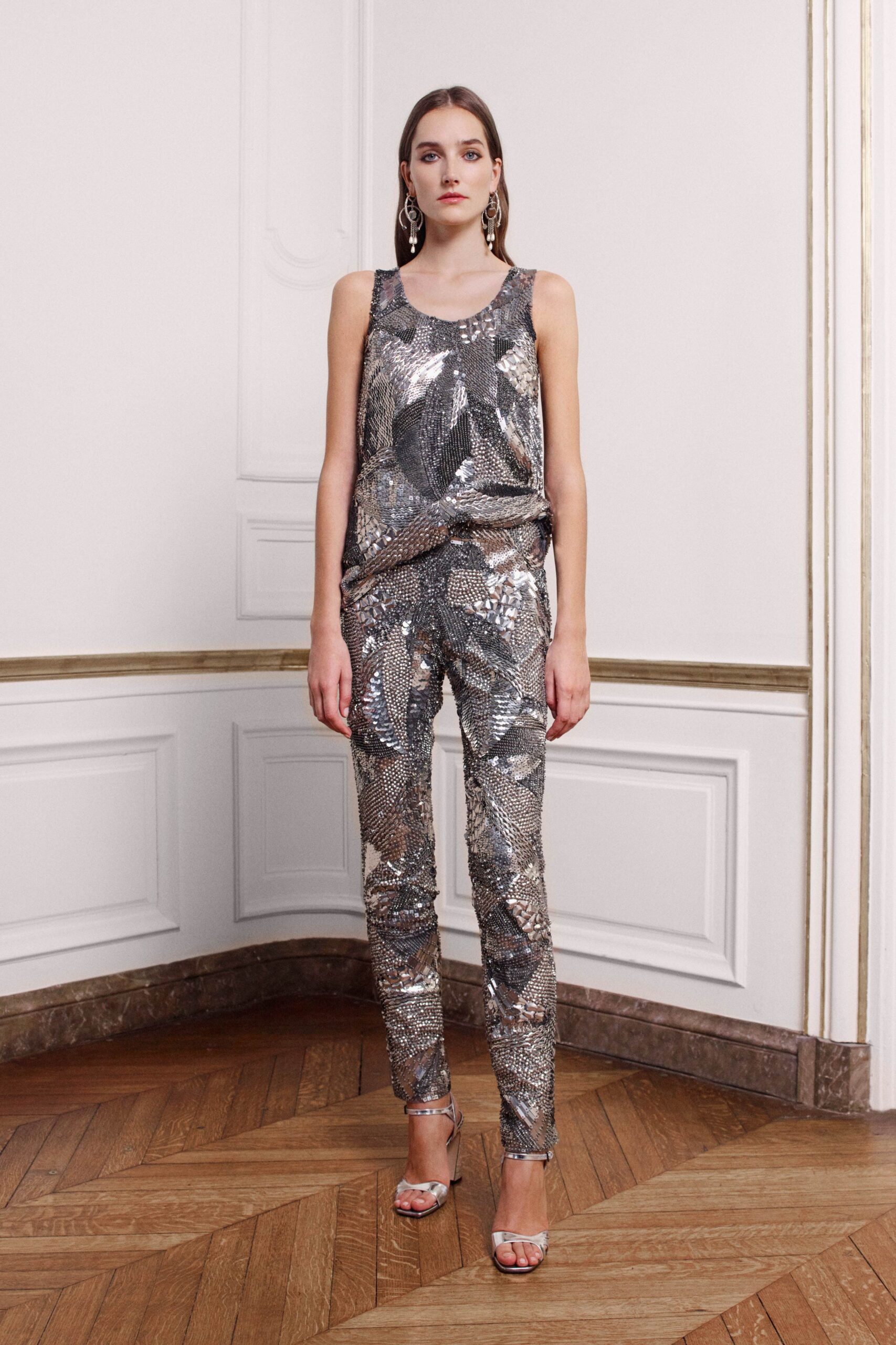 silver sequin top and pants