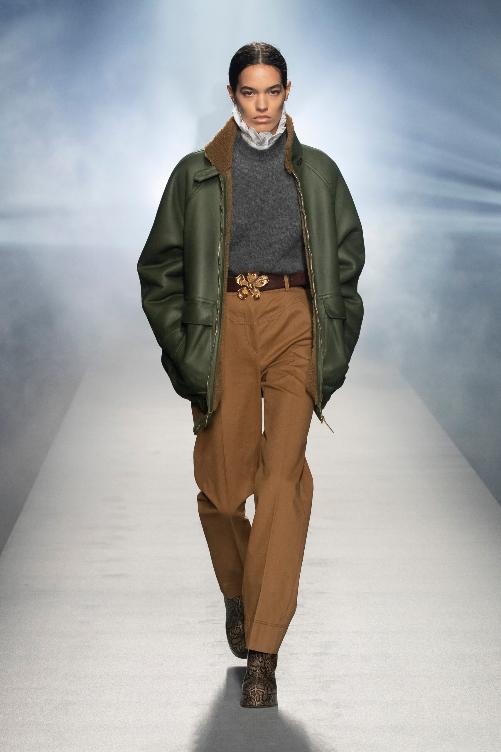 green leather long-sleeve collared oversized jacket