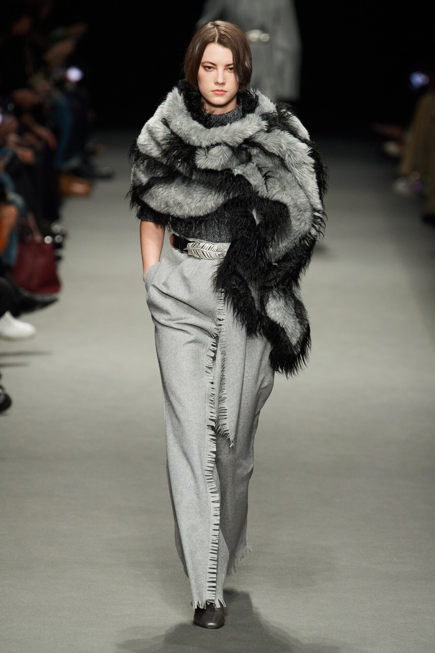 gray wool relaxed pants with faux-fur scarf