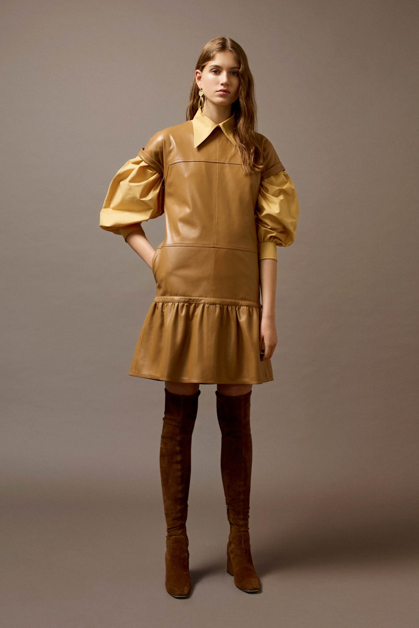 brown leather collared mini dress