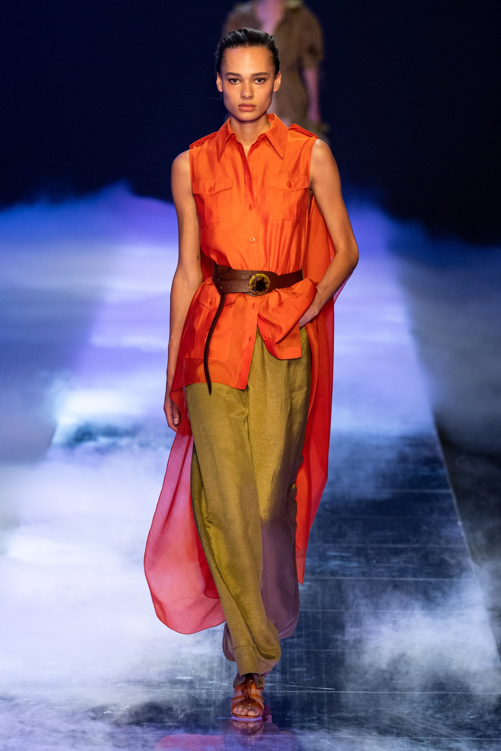 orange silk sleeveless collared relaxed draped flowing top