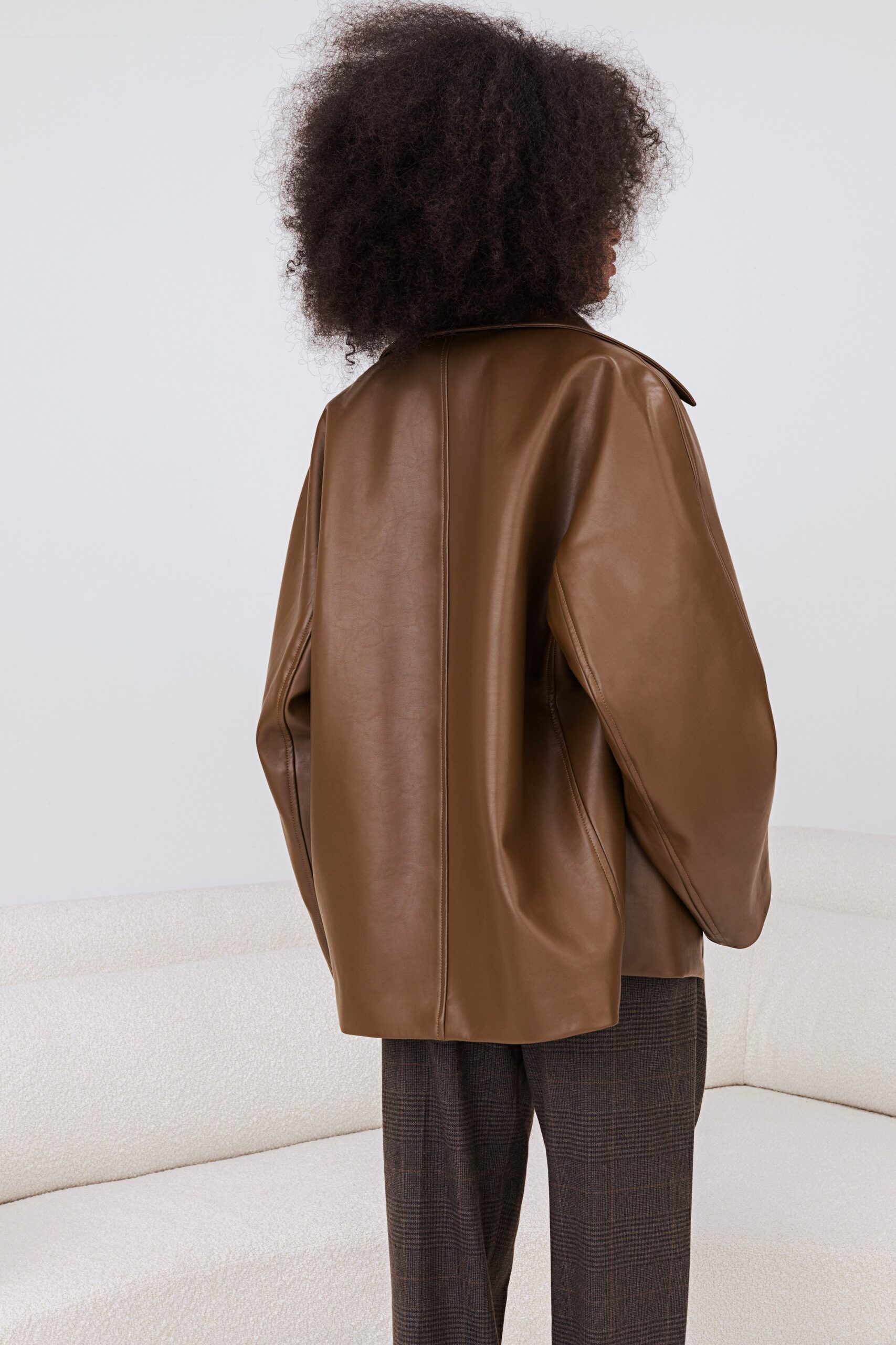 brown leather long-sleeve collared oversized jacket