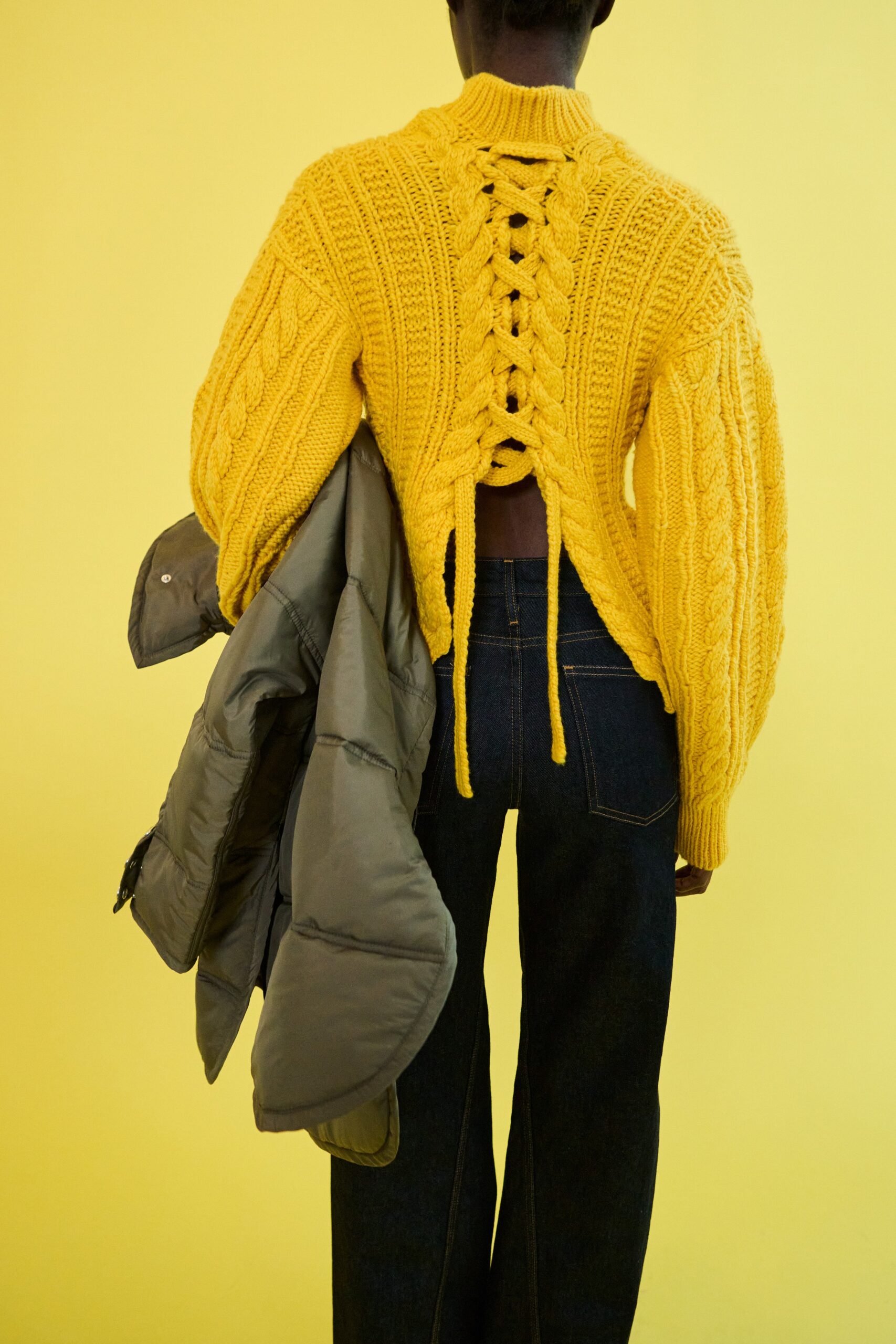 yellow wool long-sleeve high-neck fitted cropped sweater