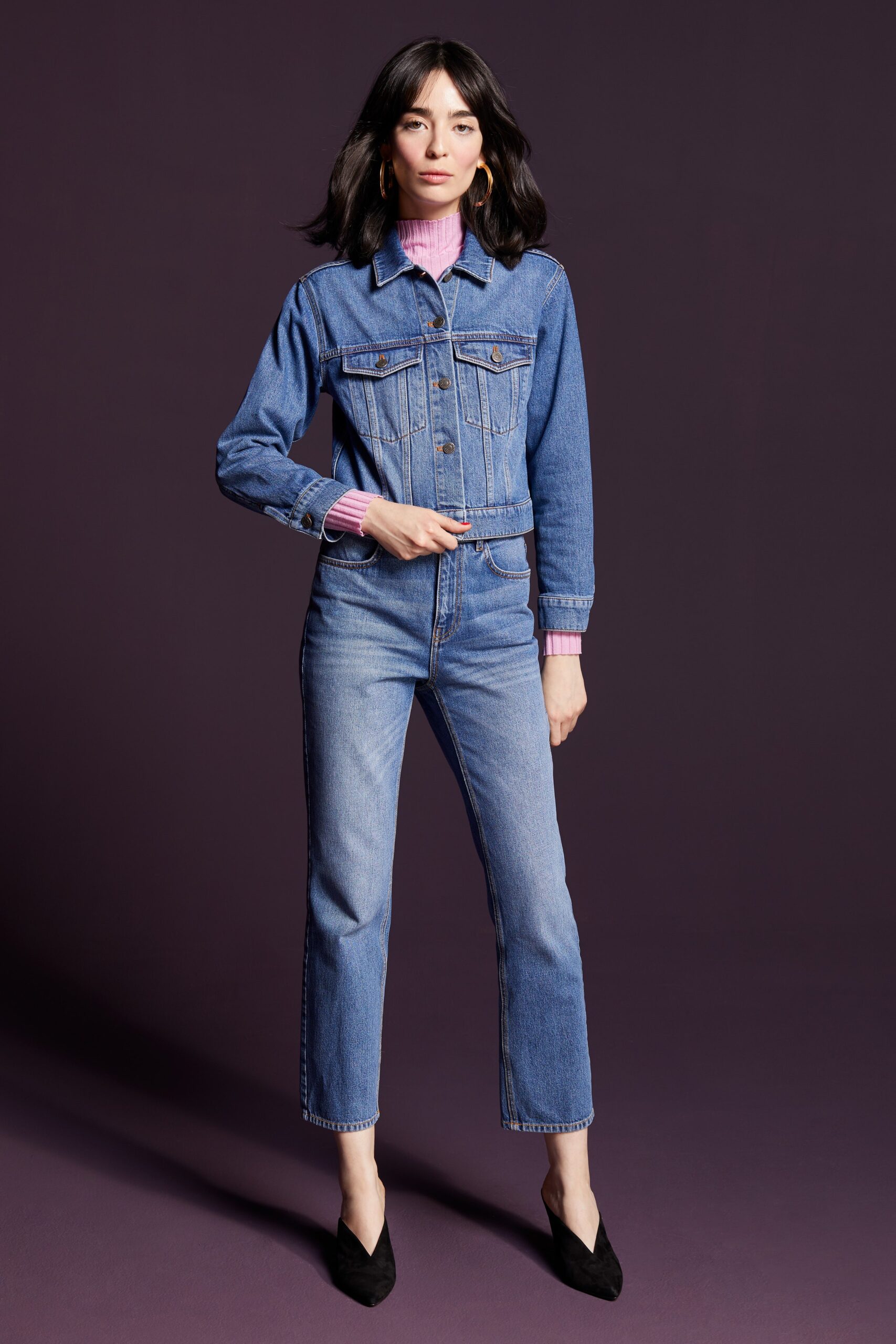 denim jacket with fitted pants