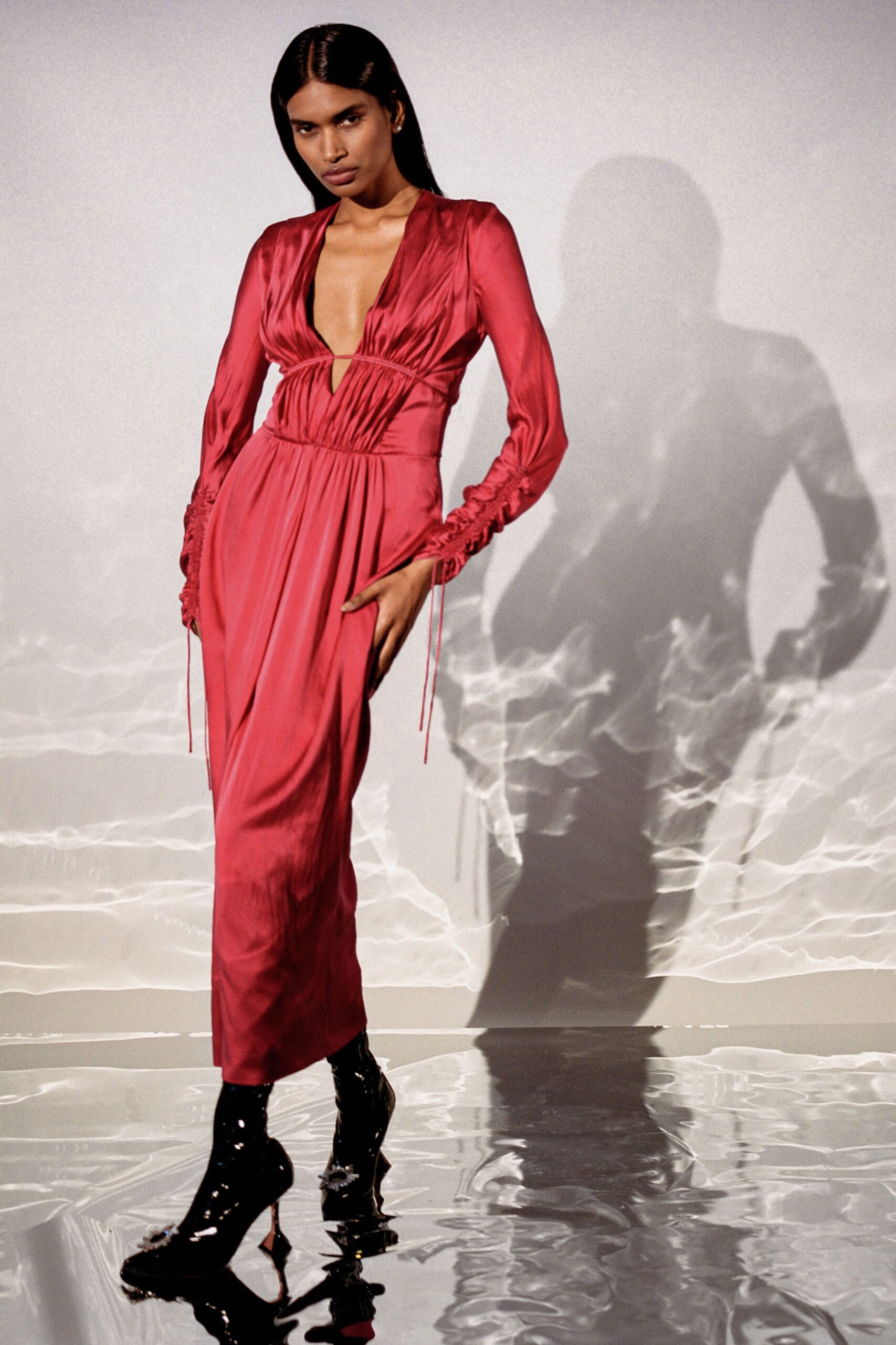 red silk fitted midi dress with boots