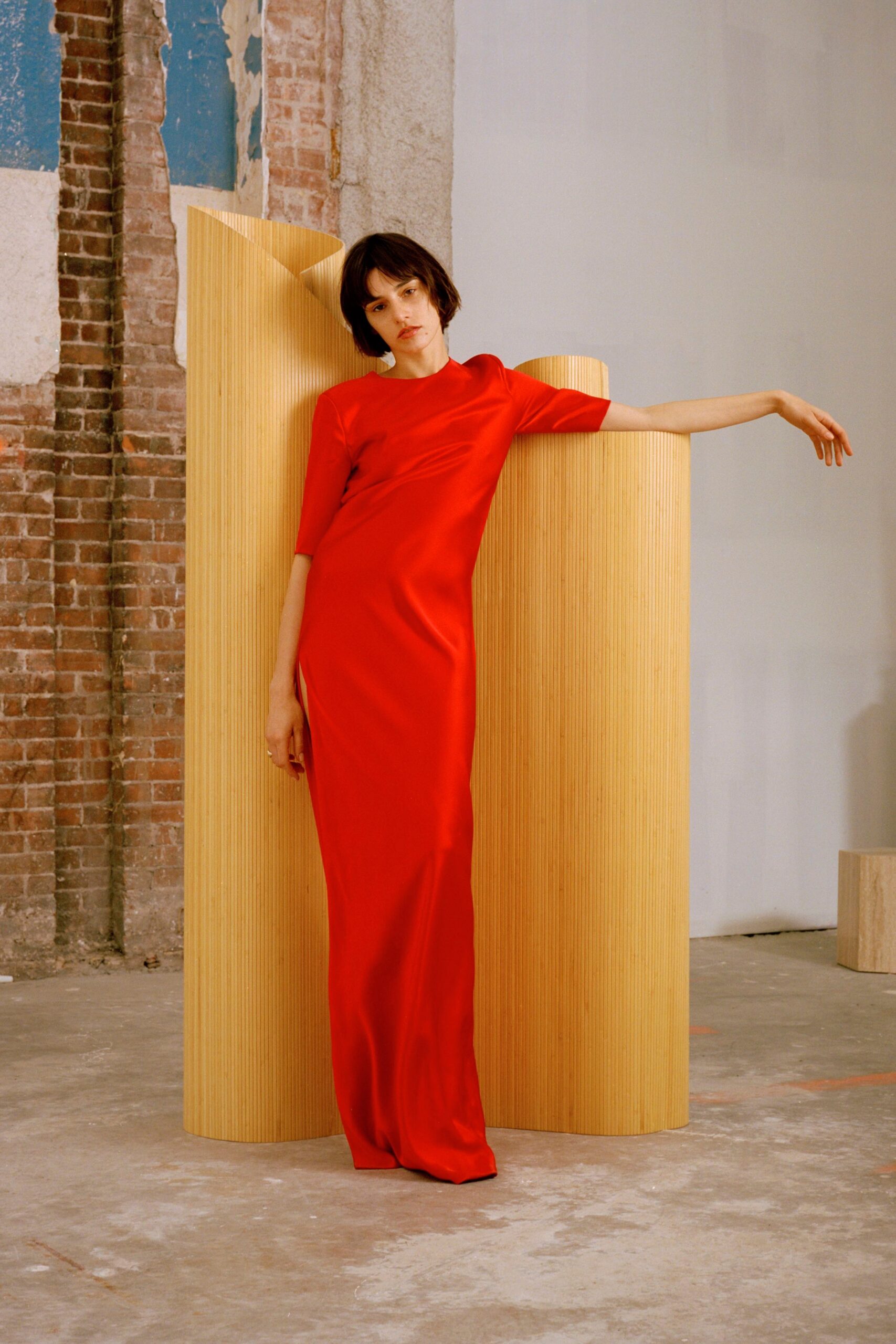 fitted red silk gown