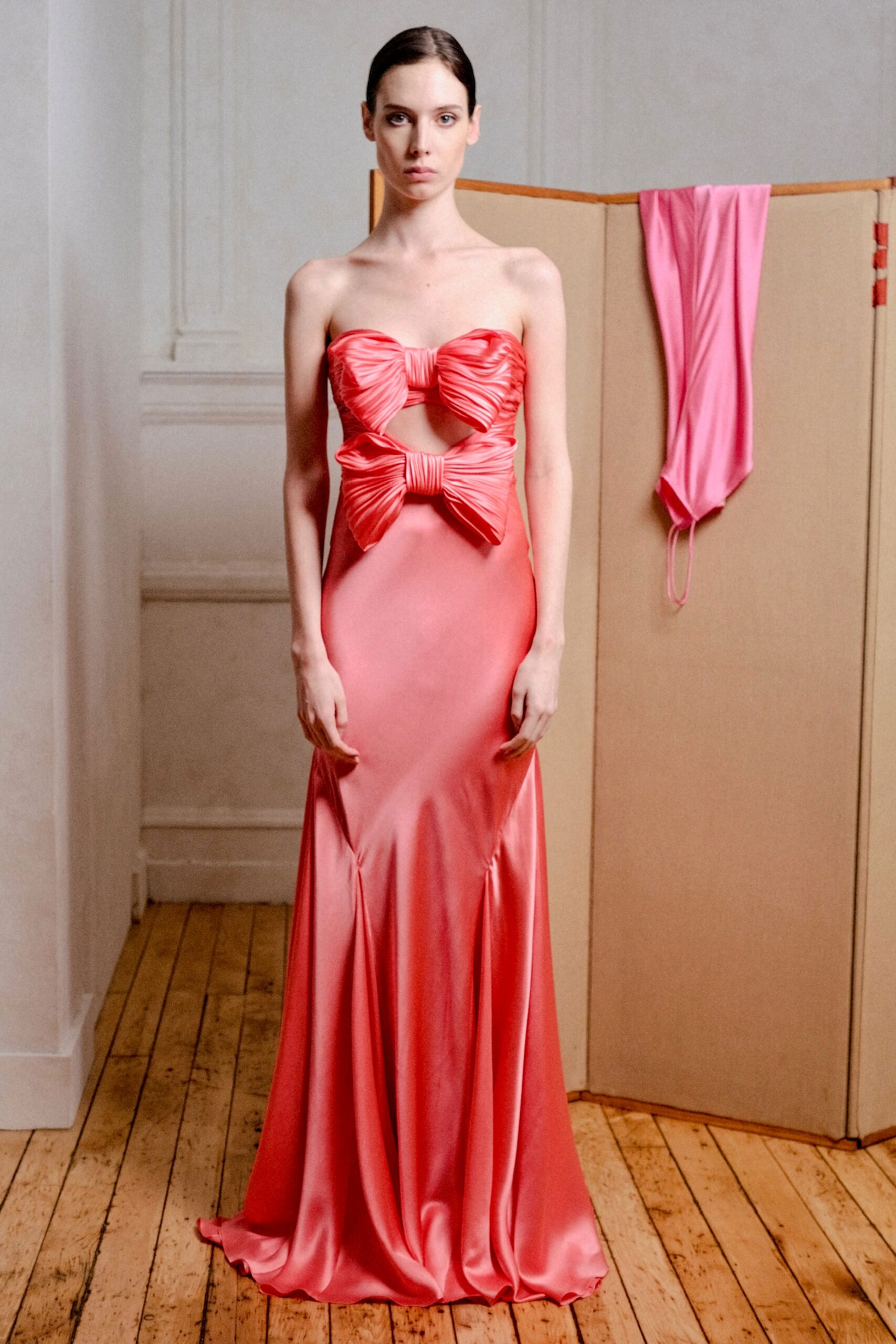 pink silk strapless gown