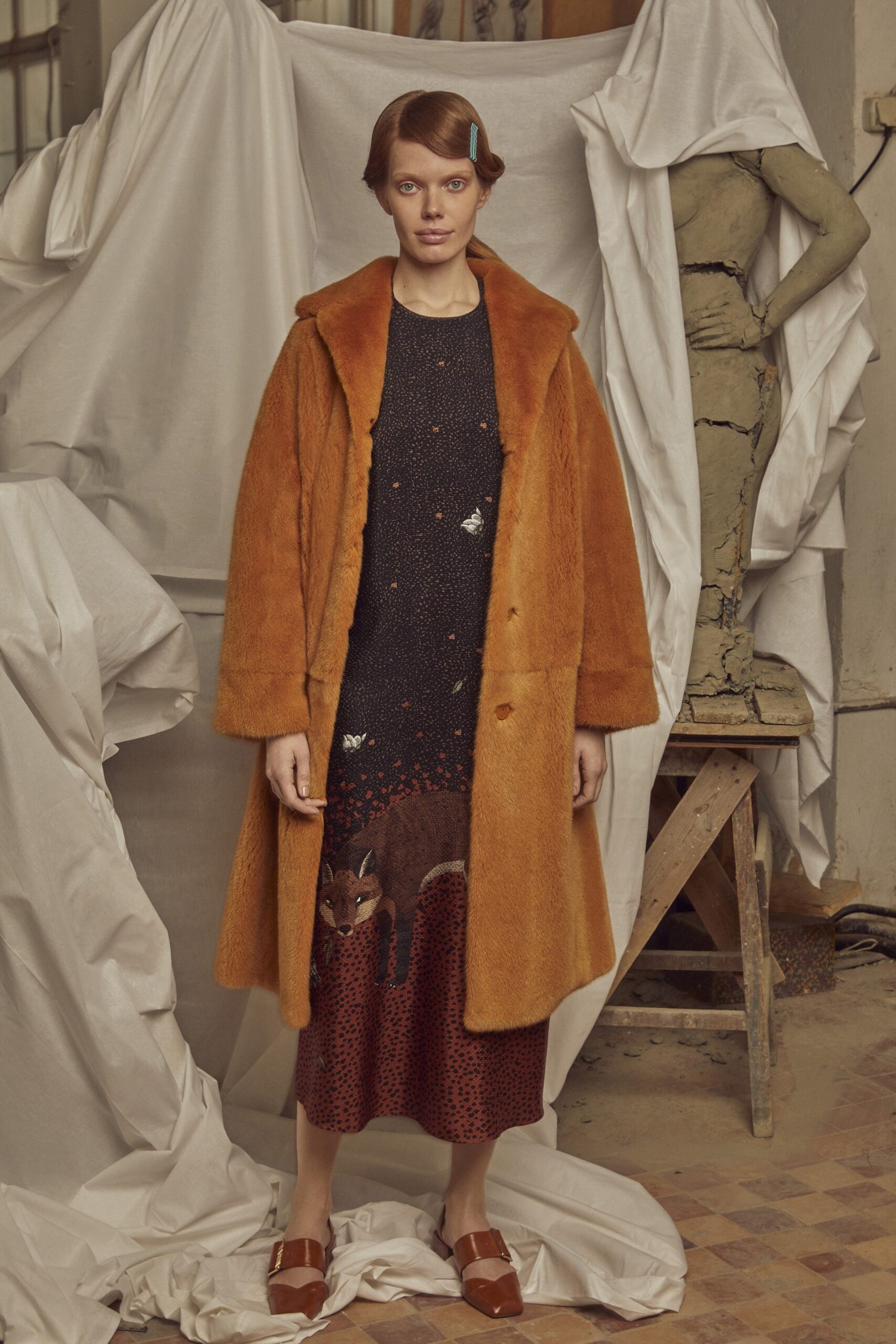 orange faux-fur long-sleeve collared relaxed buttoned coat