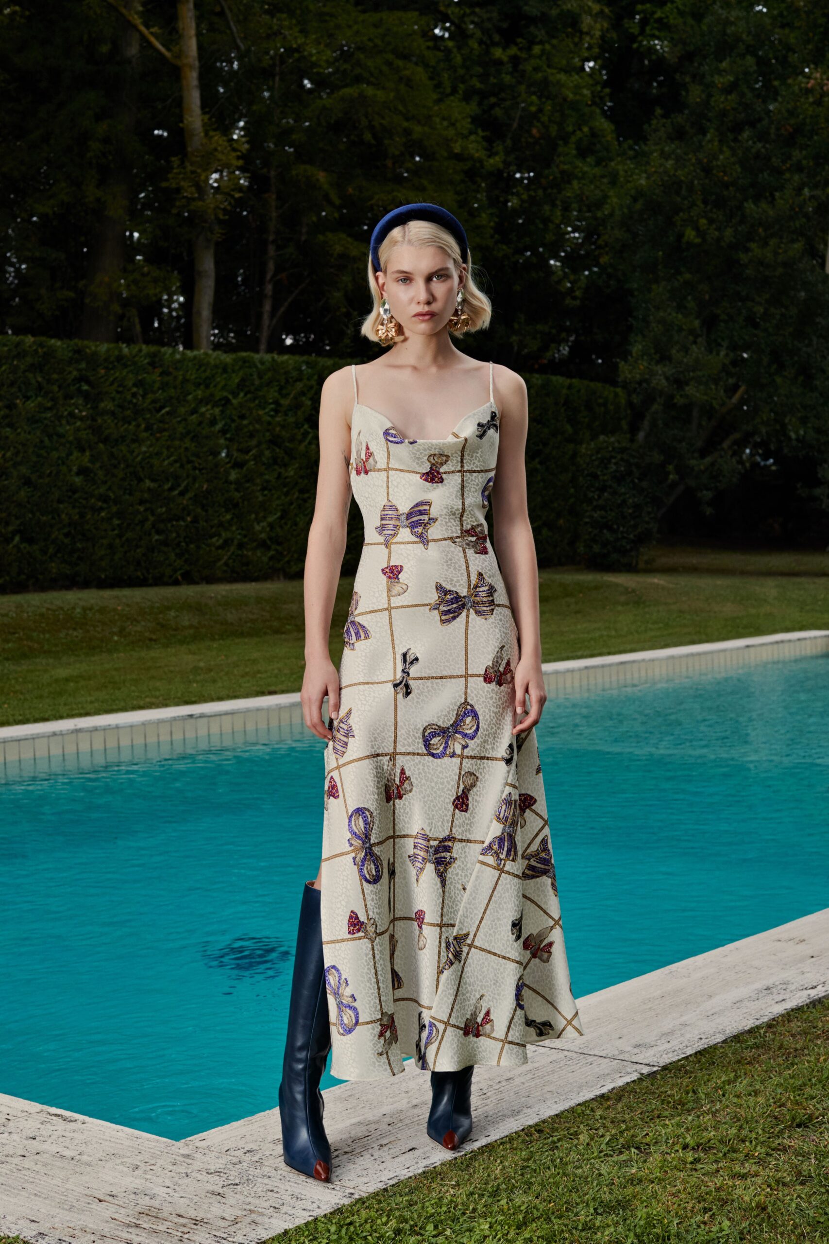ivory silk sleeveless v-neck fitted flared printed dress