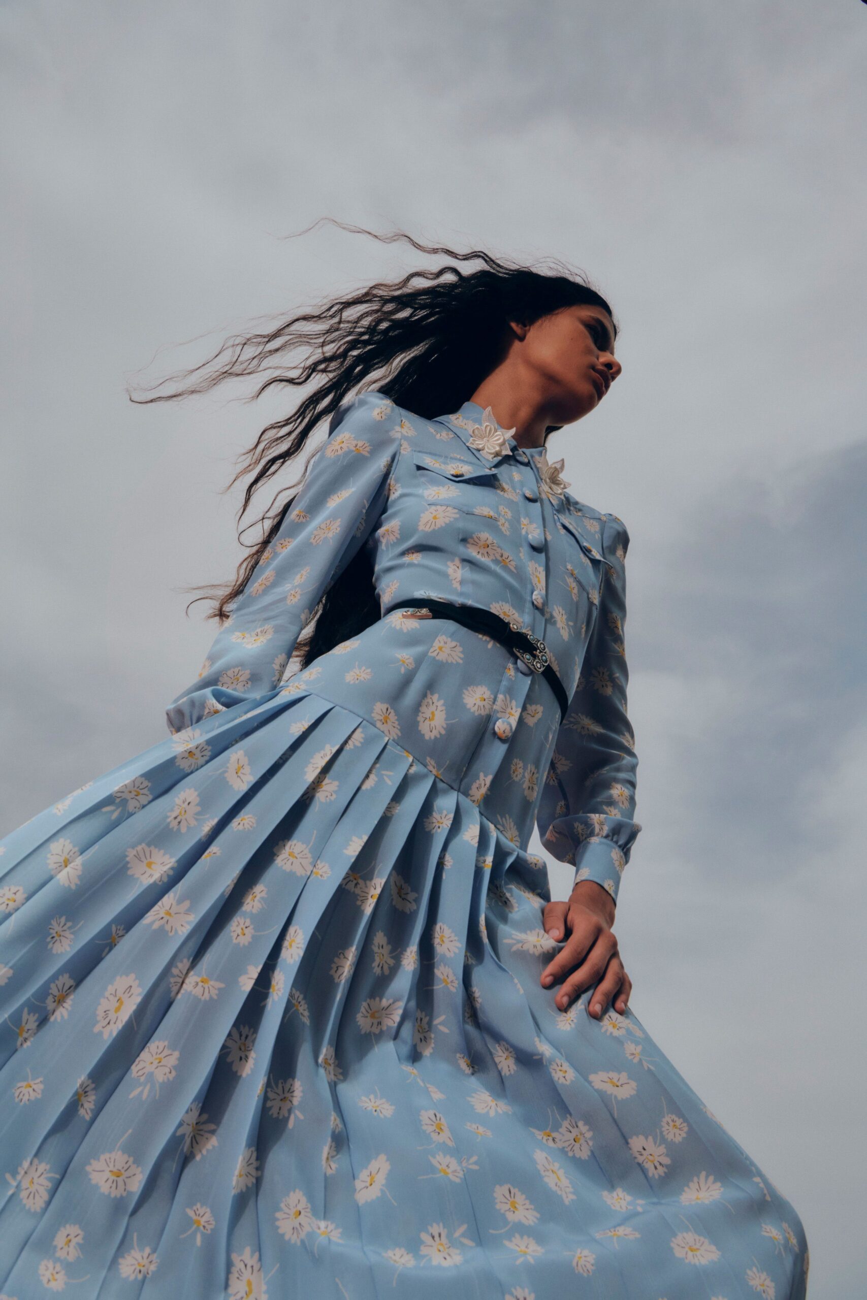 blue silk floral pleated dress
