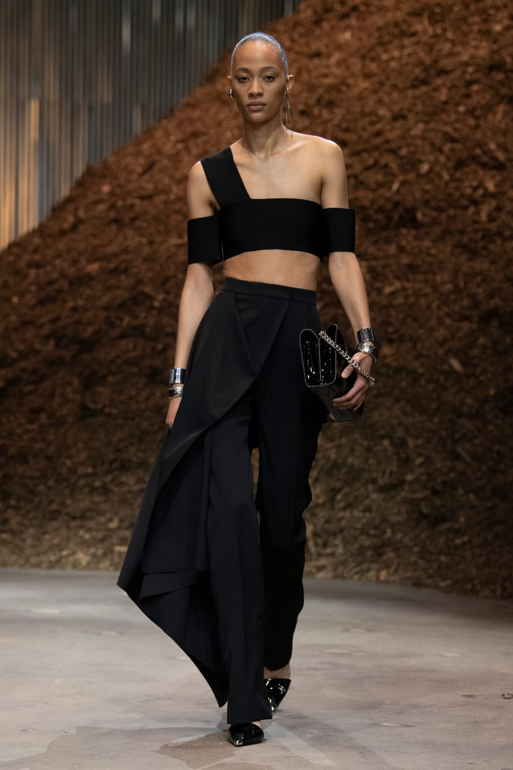 black asymmetric fitted flared pants