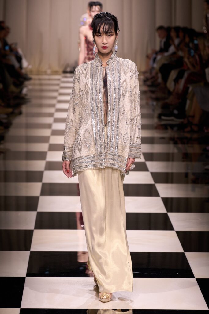 beige gold embroidered blouse and pants