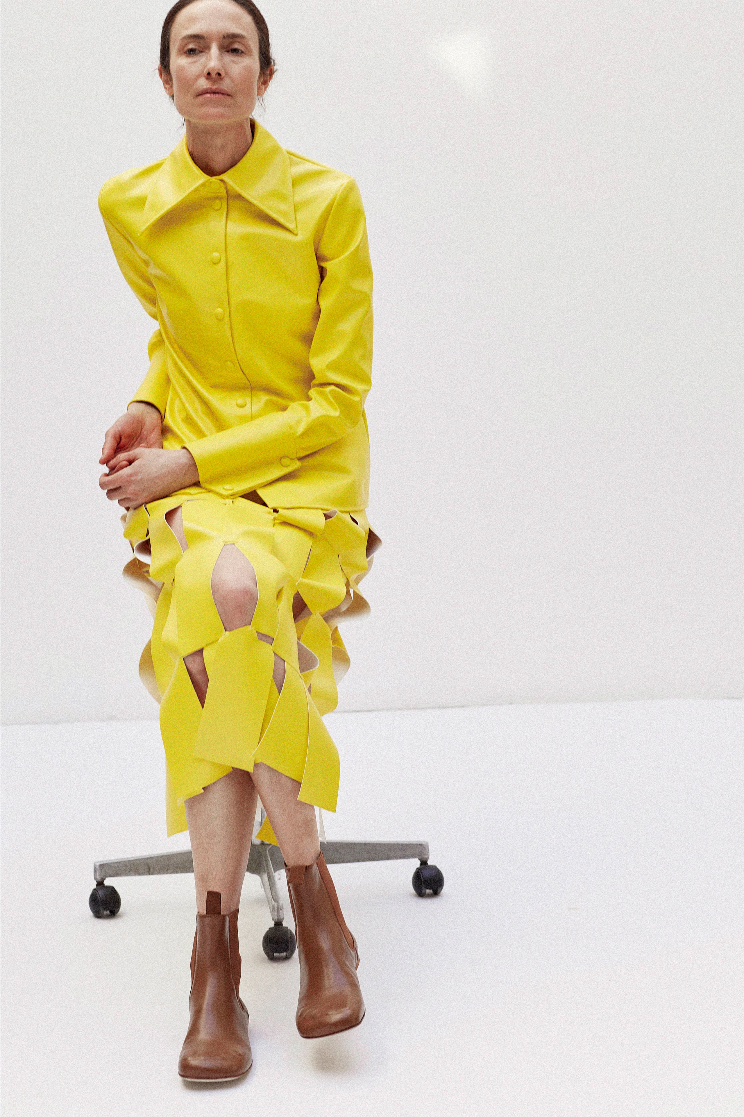 yellow vinyl blazer and skirt