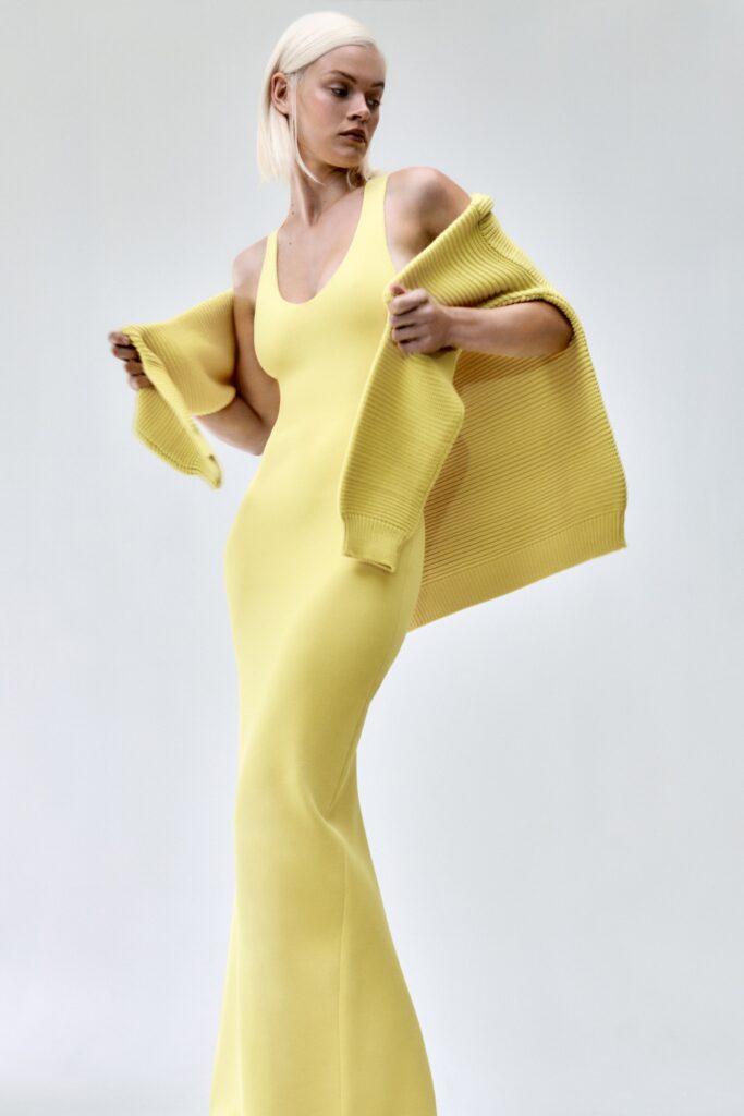 yellow fitted maxi dress with cardigan