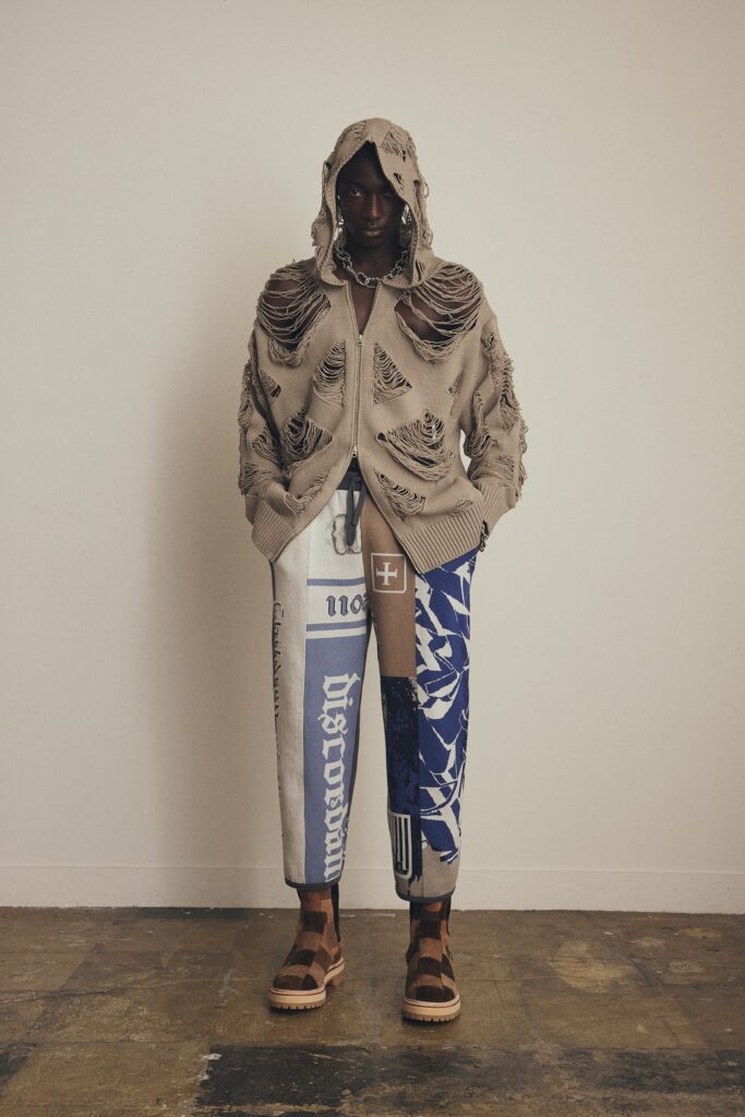 beige distressed hoodie with cargo pants