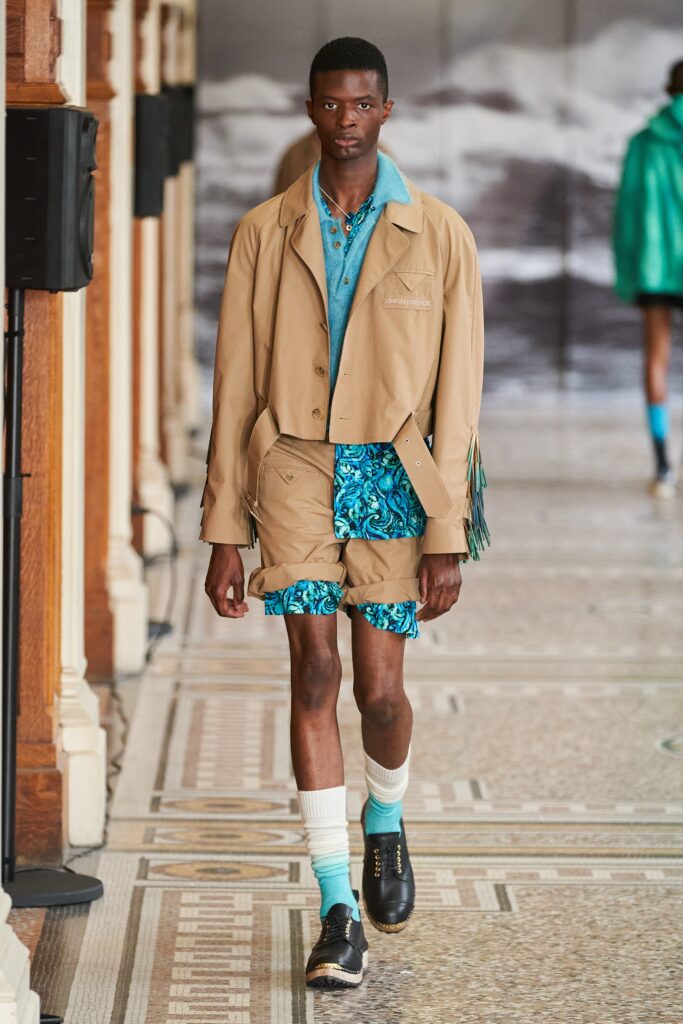 beige tailored blazer with blue shirt