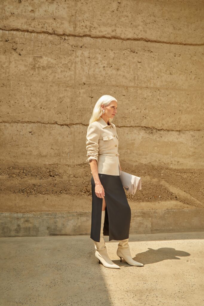 beige blazer black midi skirt