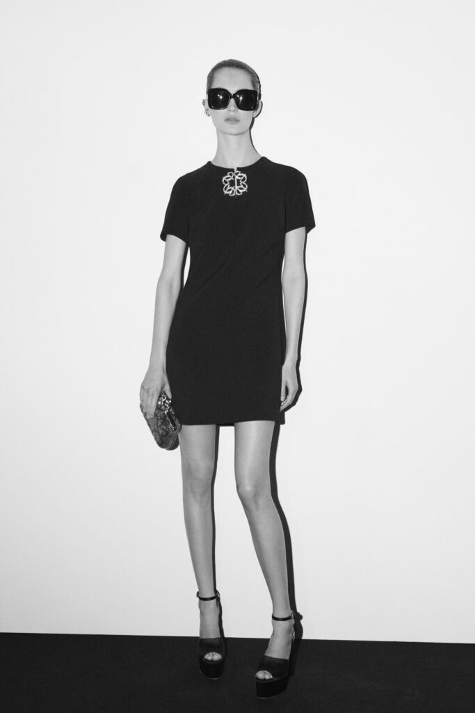 black fitted mini-dress with accessories