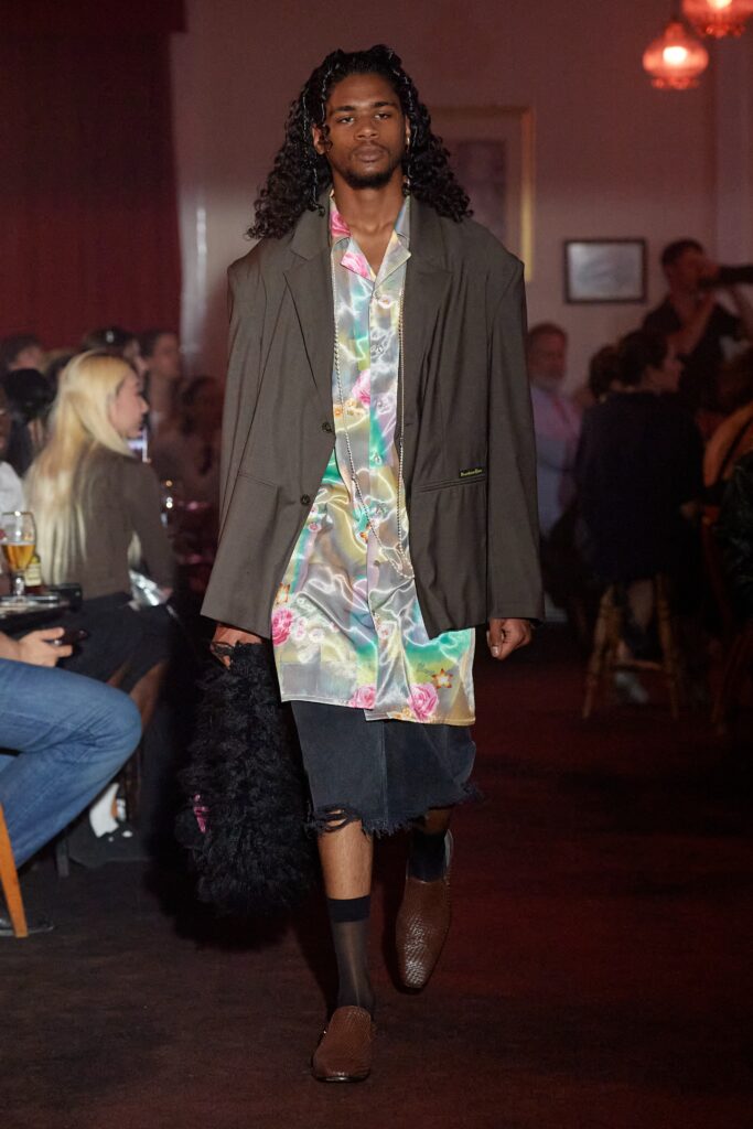 oversized gray jacket with multi shirt