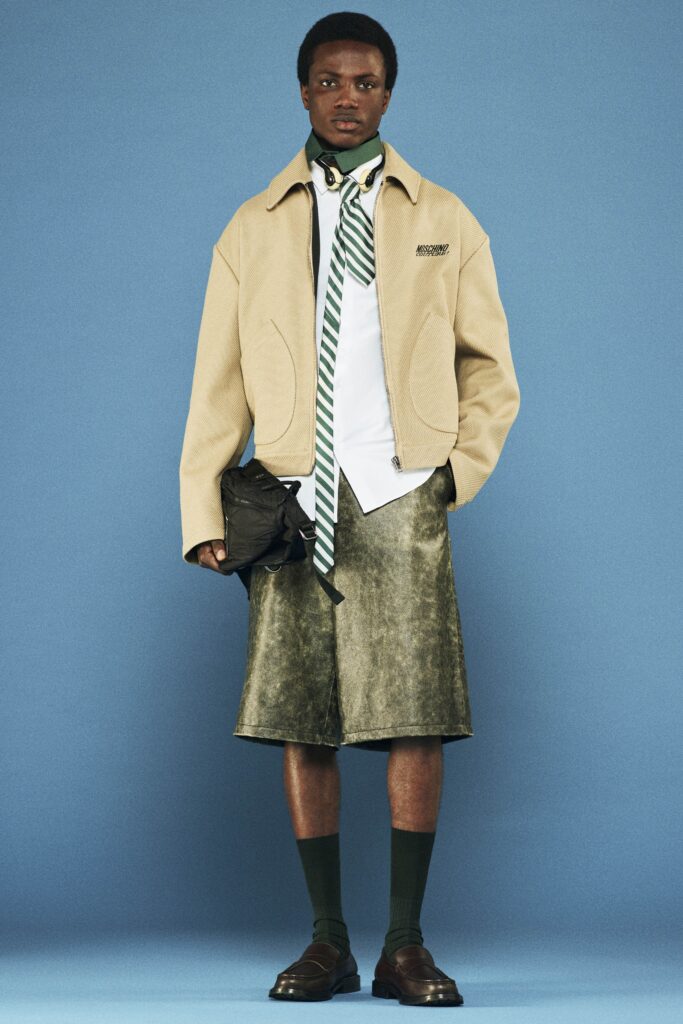 beige oversized jacket with green skirt