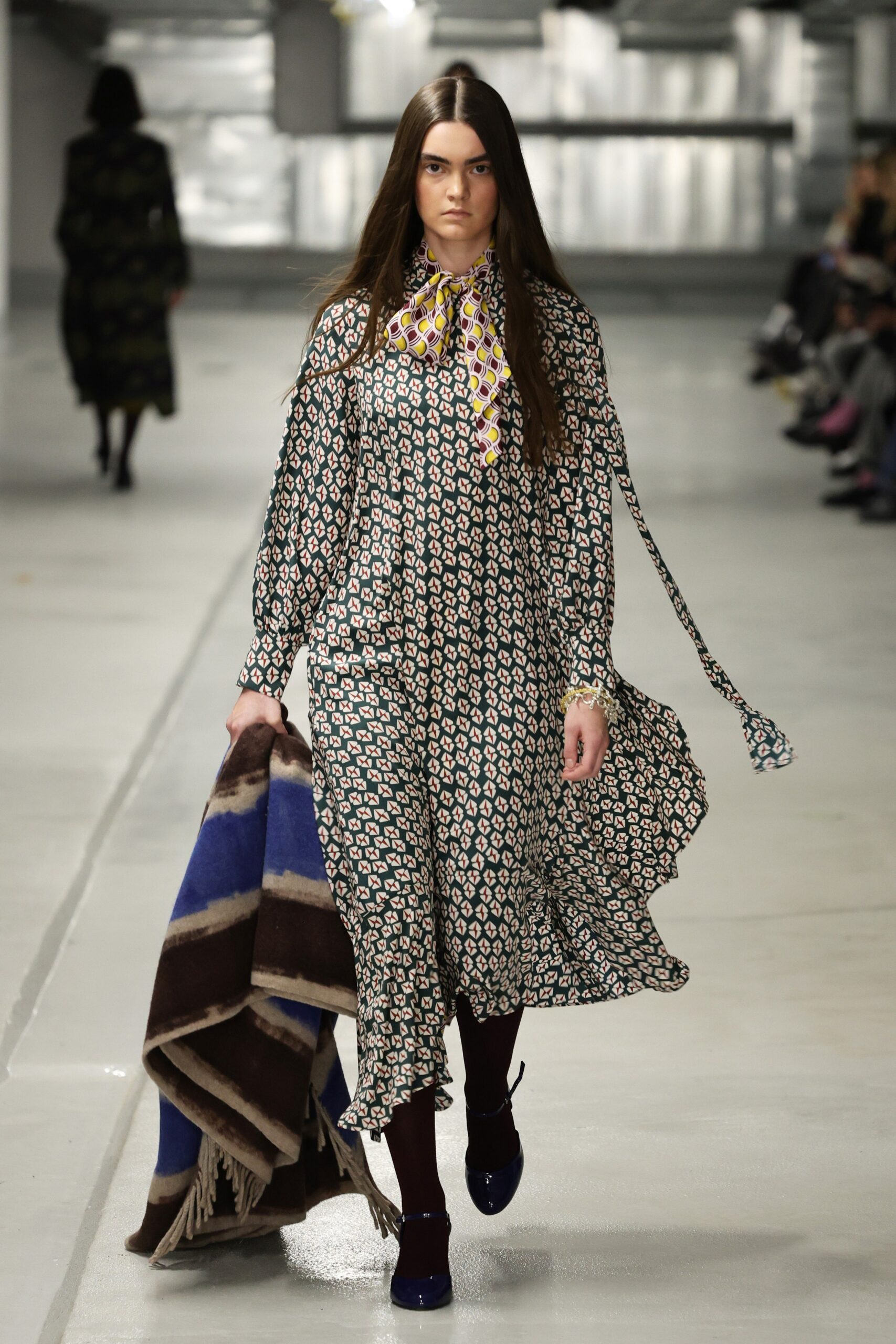 multi-colored relaxed midi dress with scarf