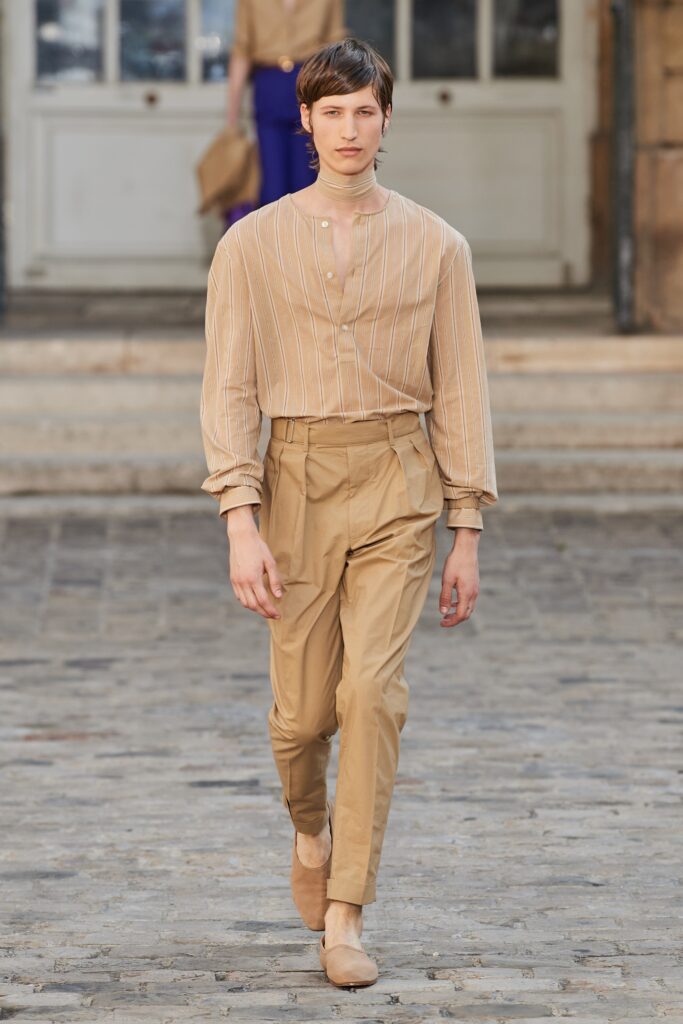 beige relaxed shirt with tan pants