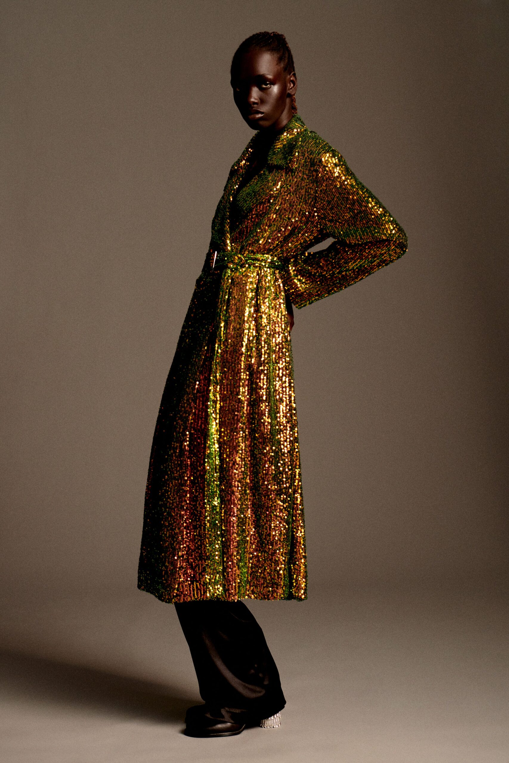 shiny gold and green midi dress