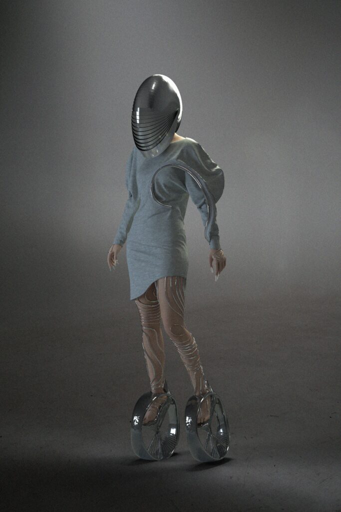 A relaxed gray long-sleeve dress with a high neckline and asymmetric design.