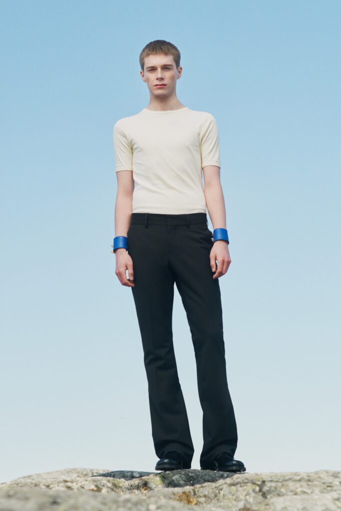 fitted white t-shirt and black pants