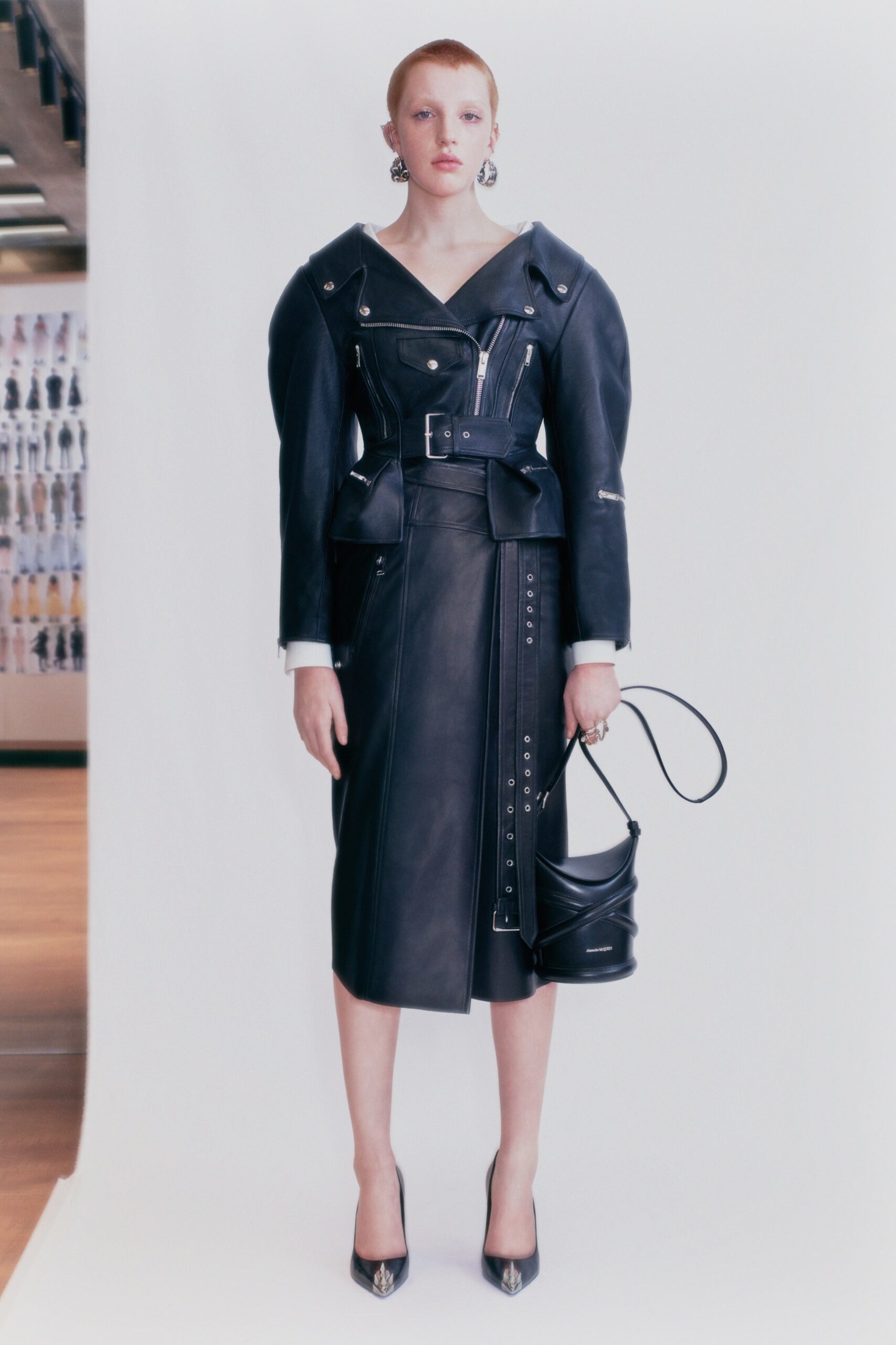 black leather fitted jacket and skirt