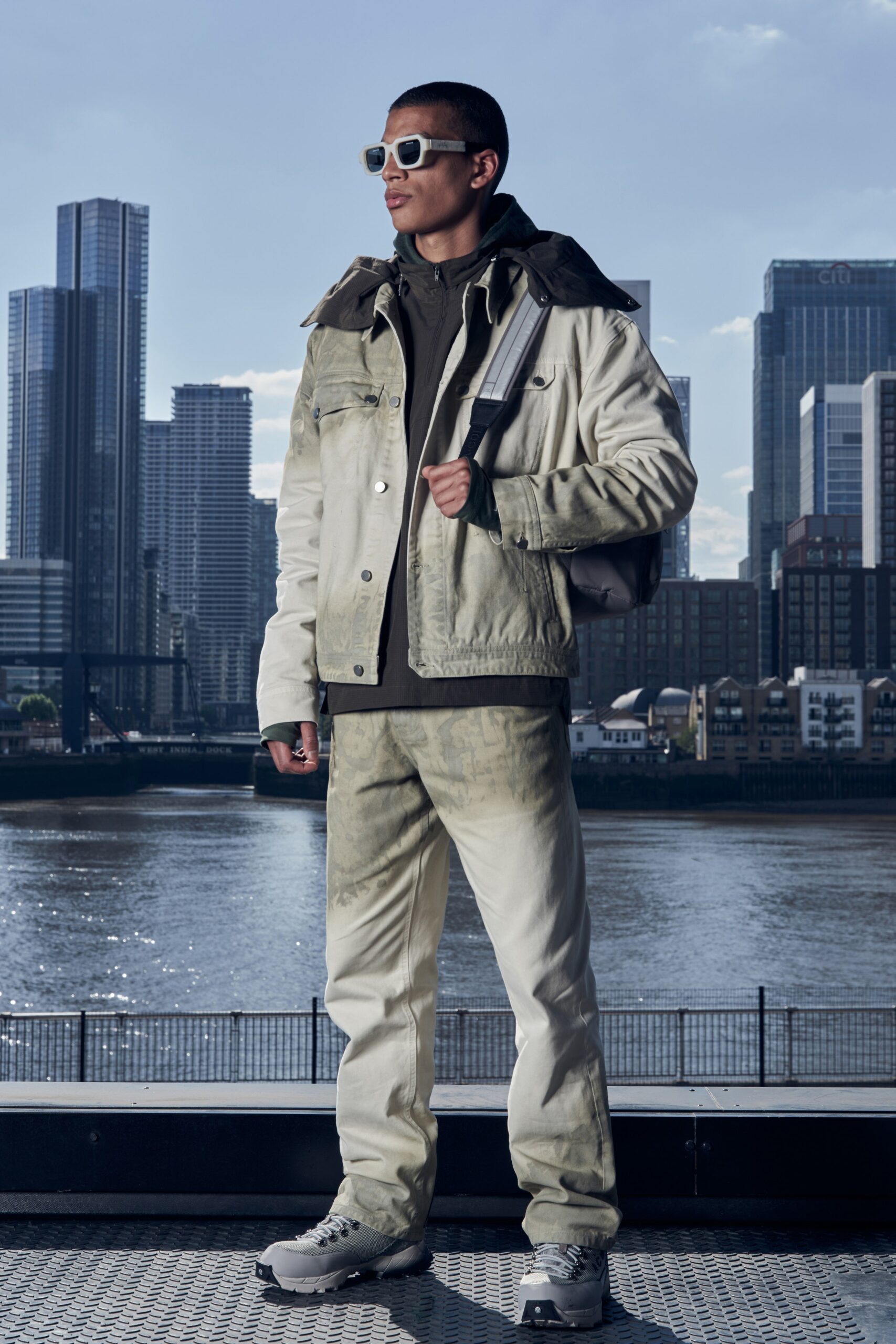 relaxed gray denim jacket with black top