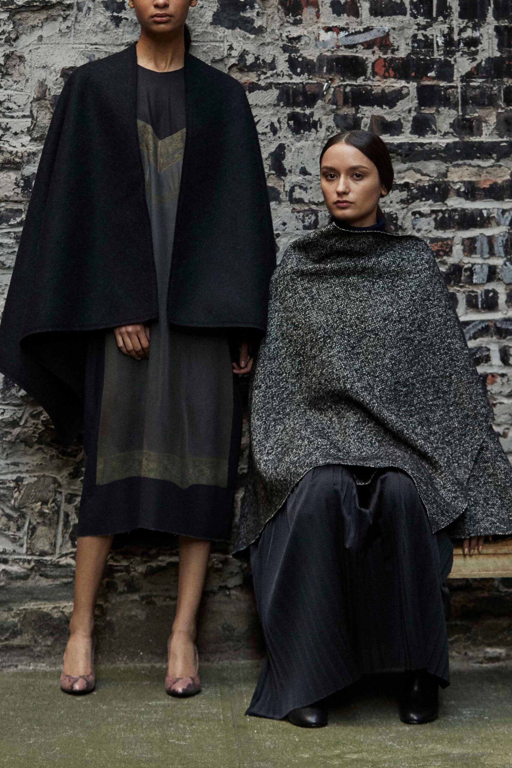 black wool cape and silk dress