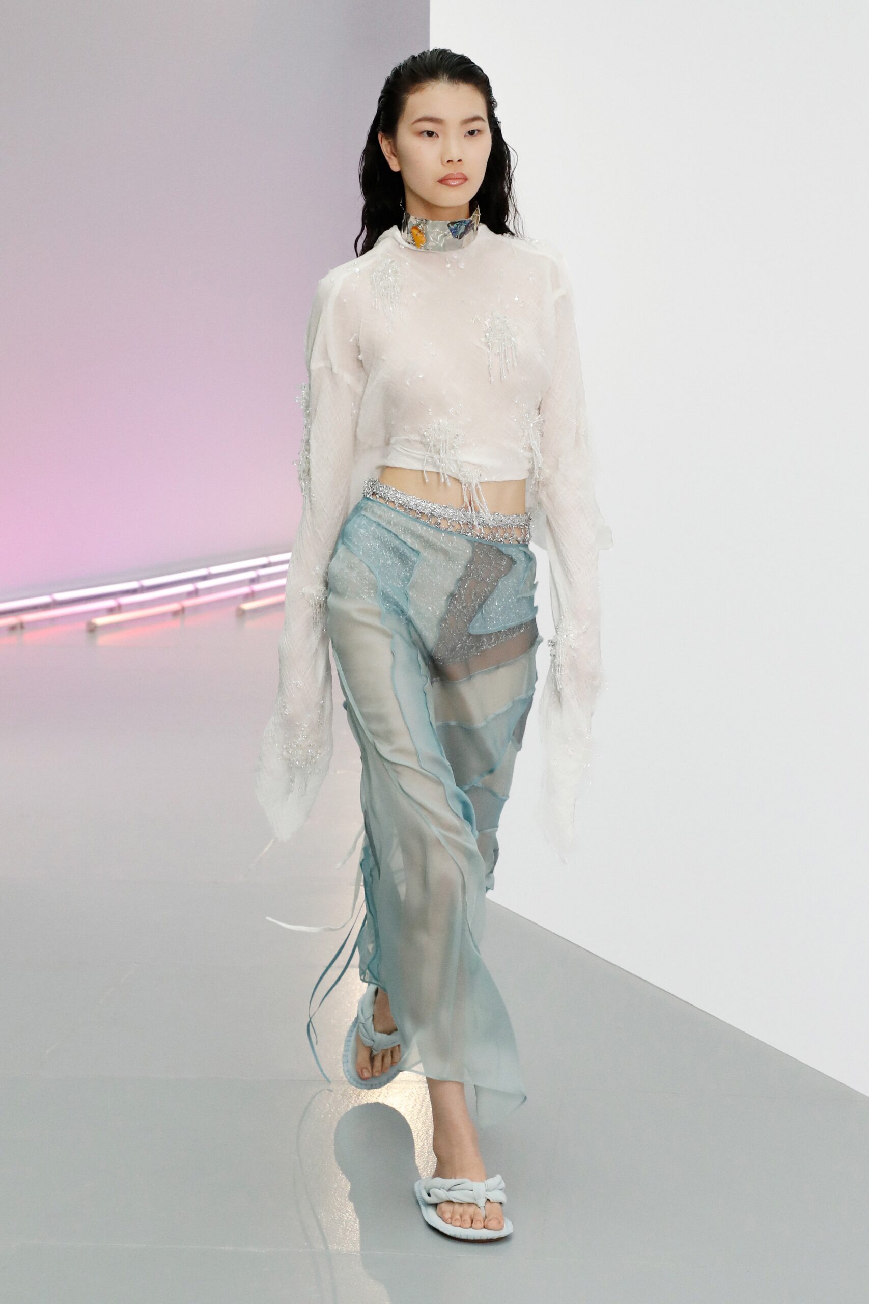 white silk cropped top with blue chiffon skirt