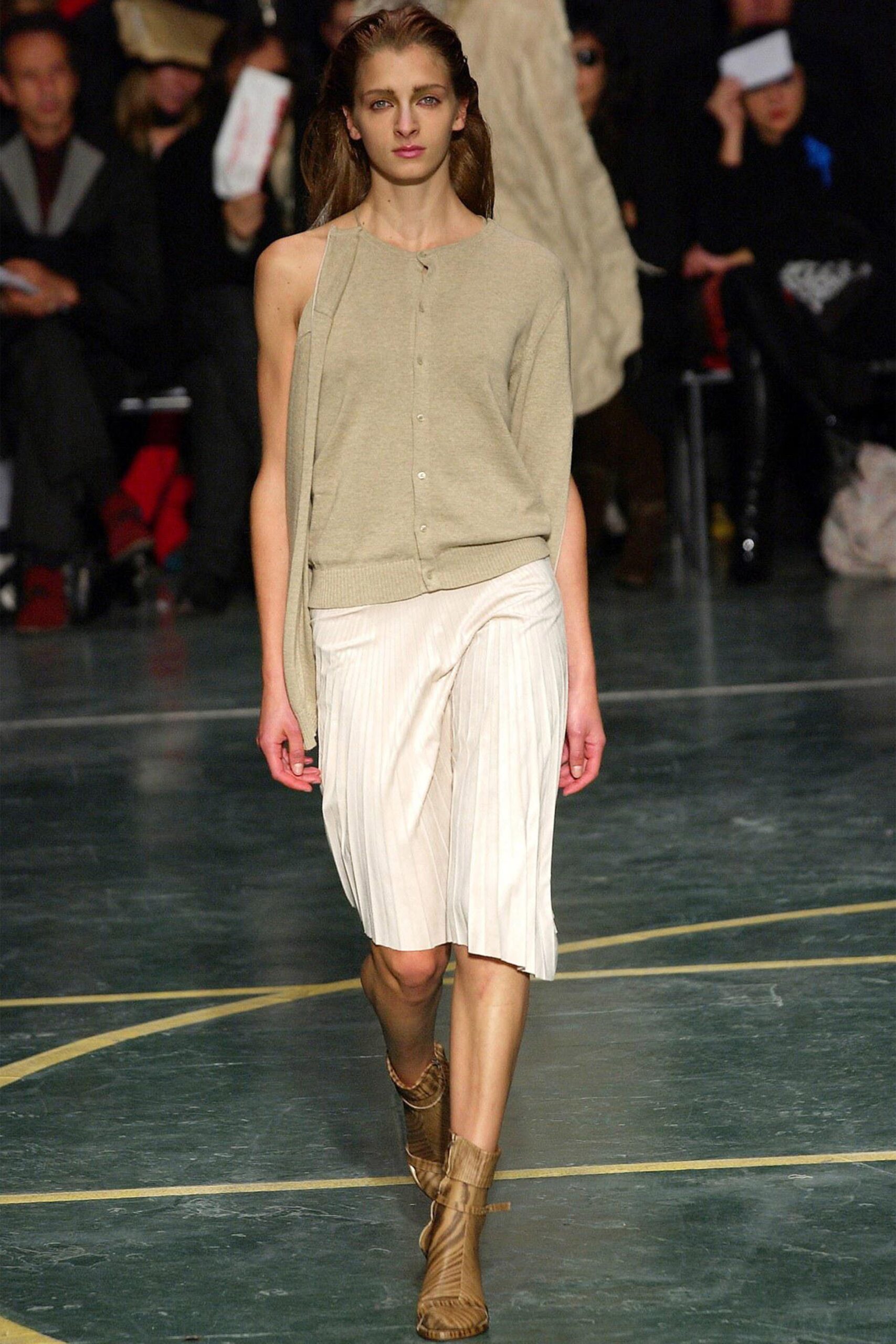 beige relaxed top with pleated midi skirt