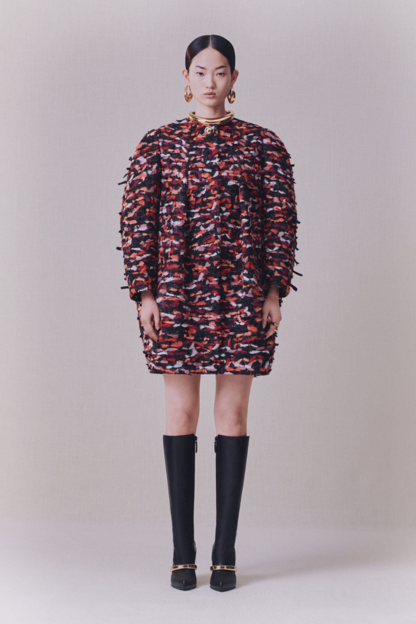 black cotton long-sleeve collared fitted layered ruffled dress