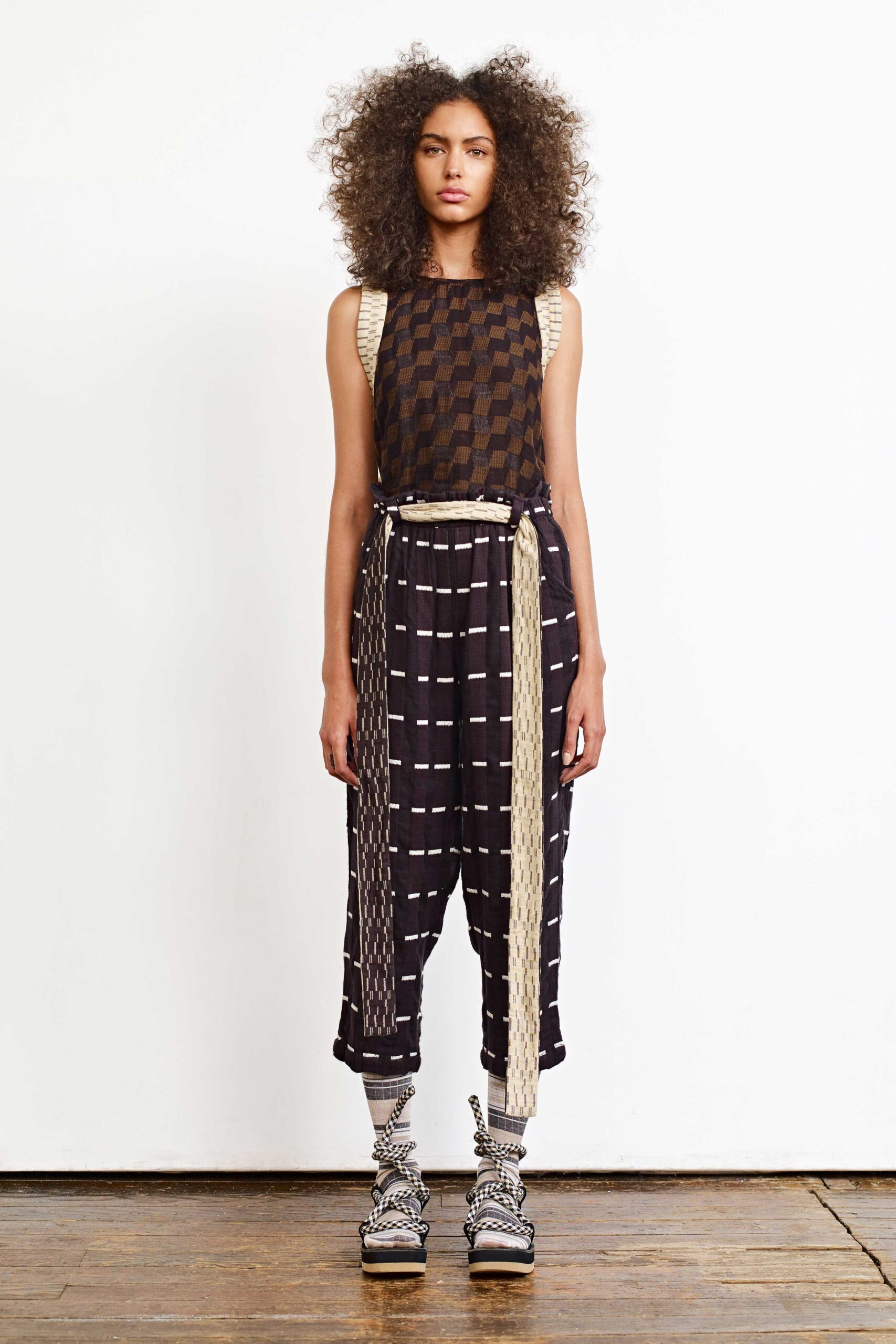 black and beige printed top and pants