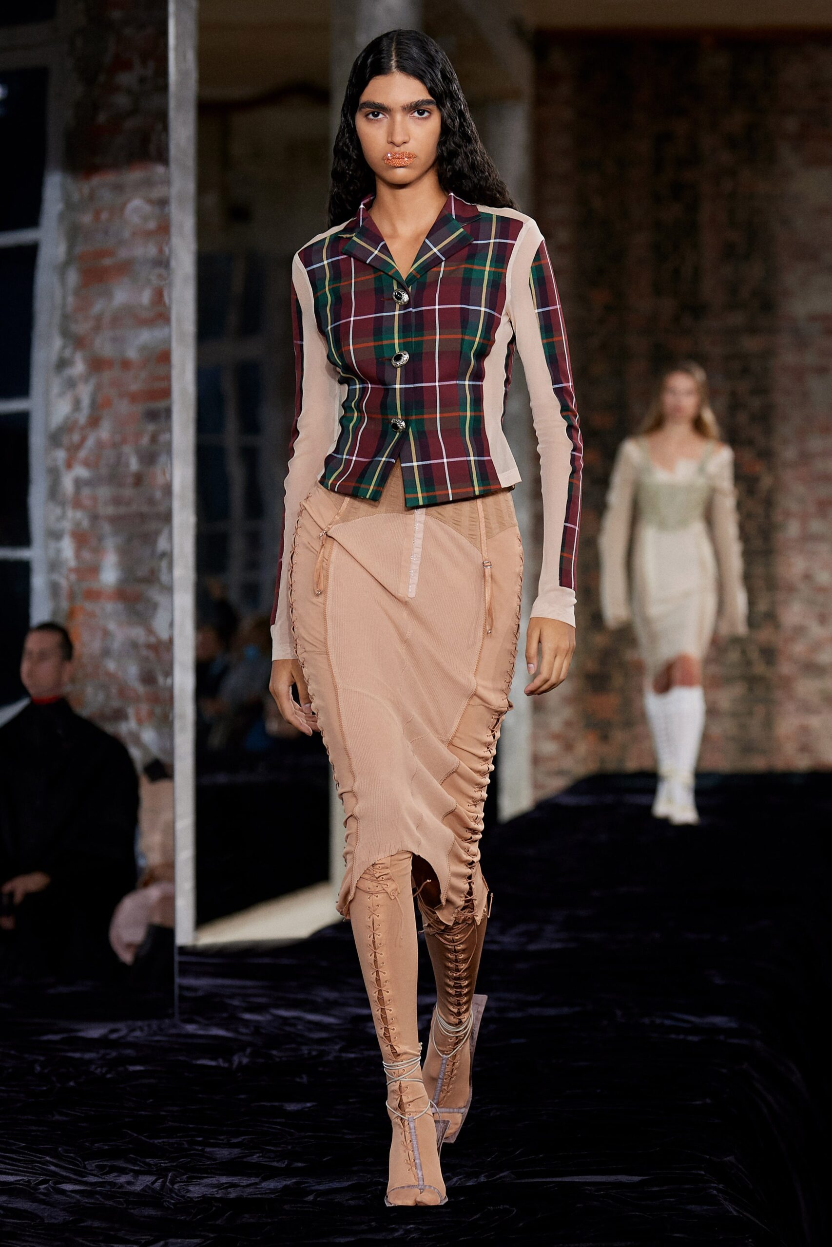 fitted checked top and beige skirt