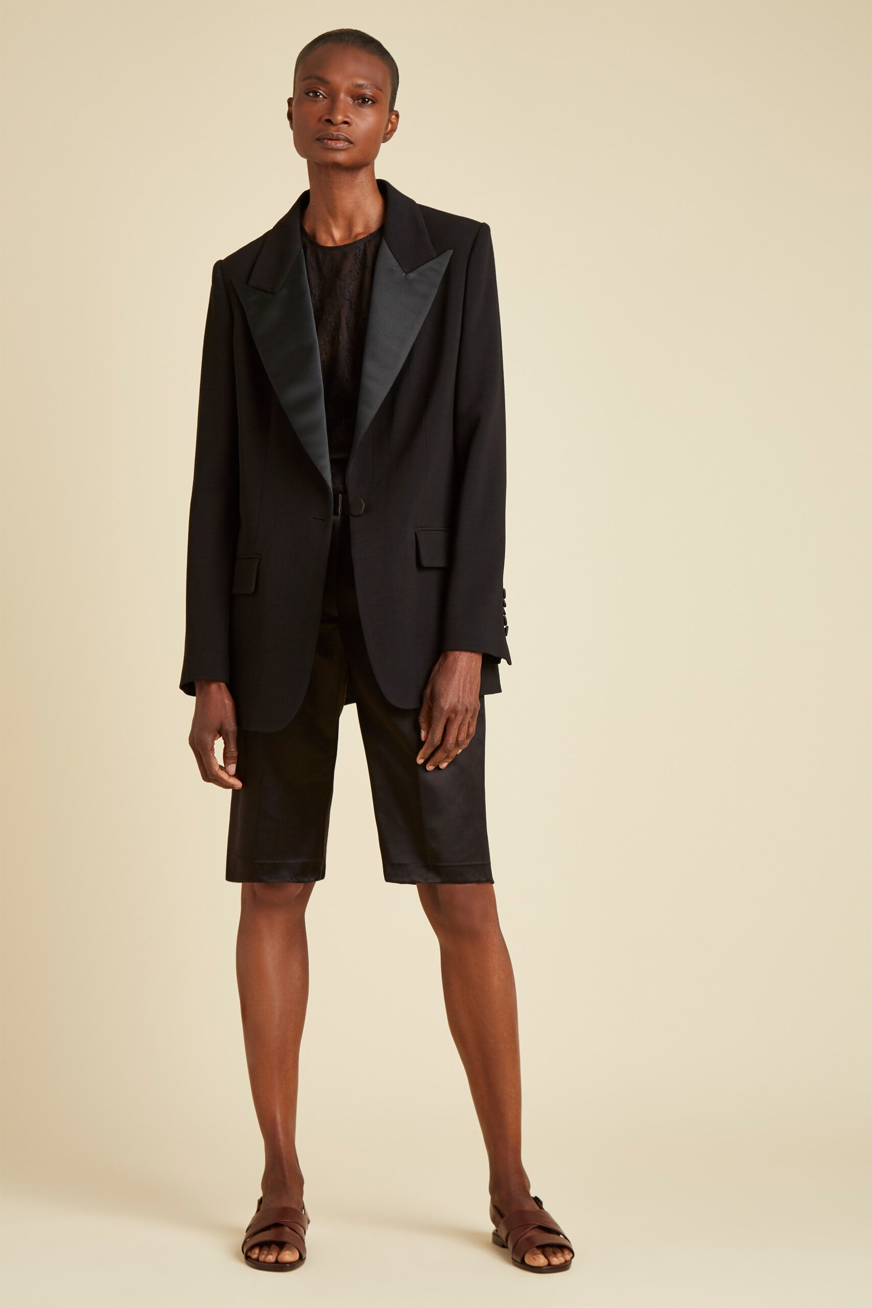 black tailored blazer and shorts
