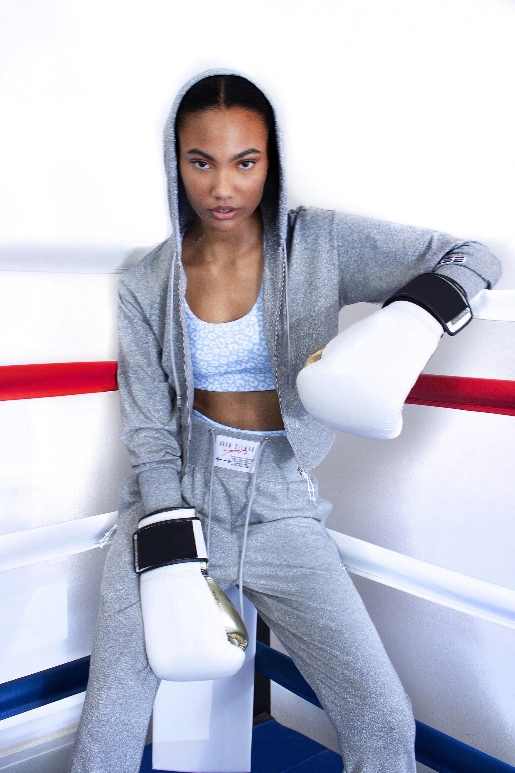 gray hoodie with crop-top and pants