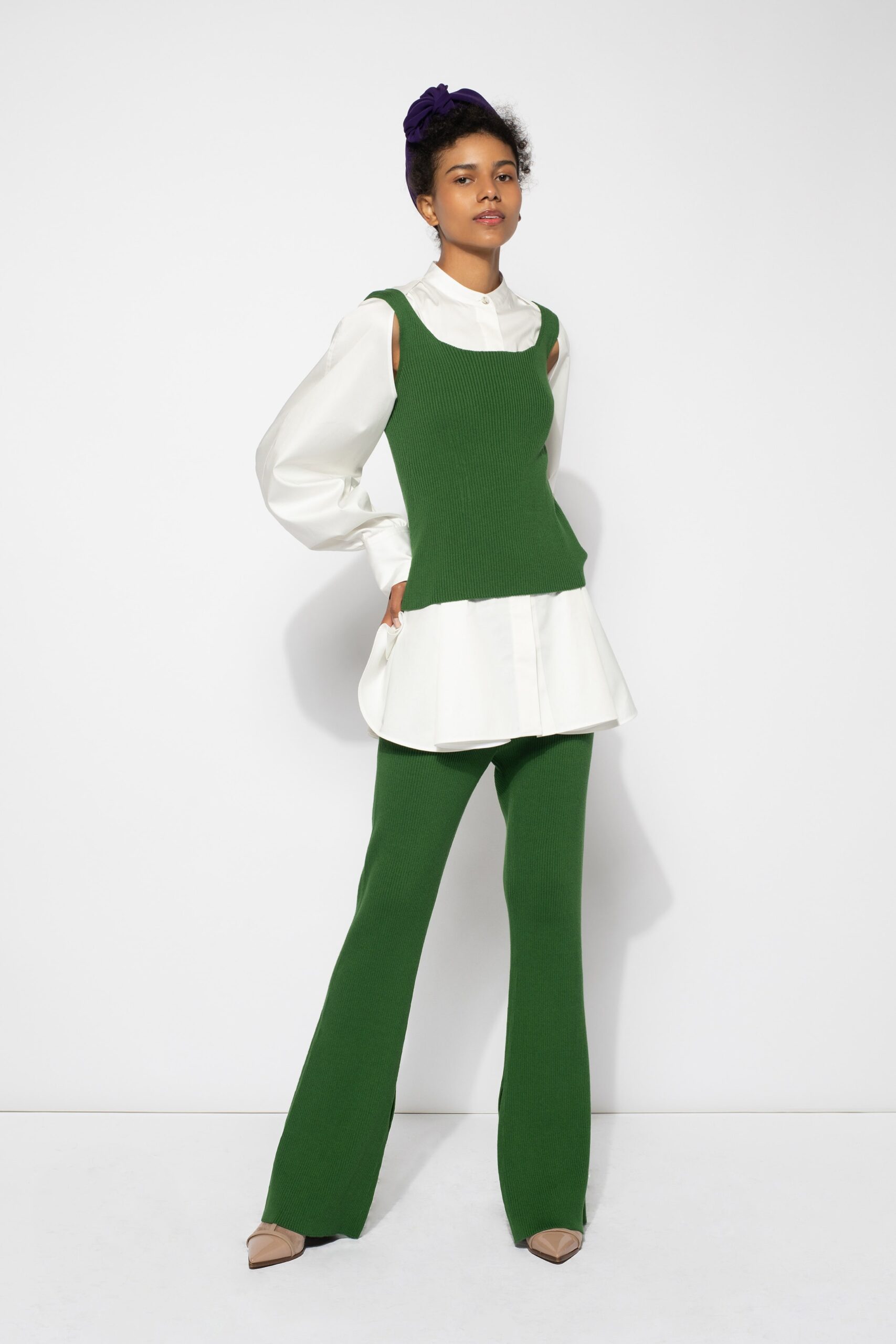 green cotton sleeveless high-neck fitted ribbed top