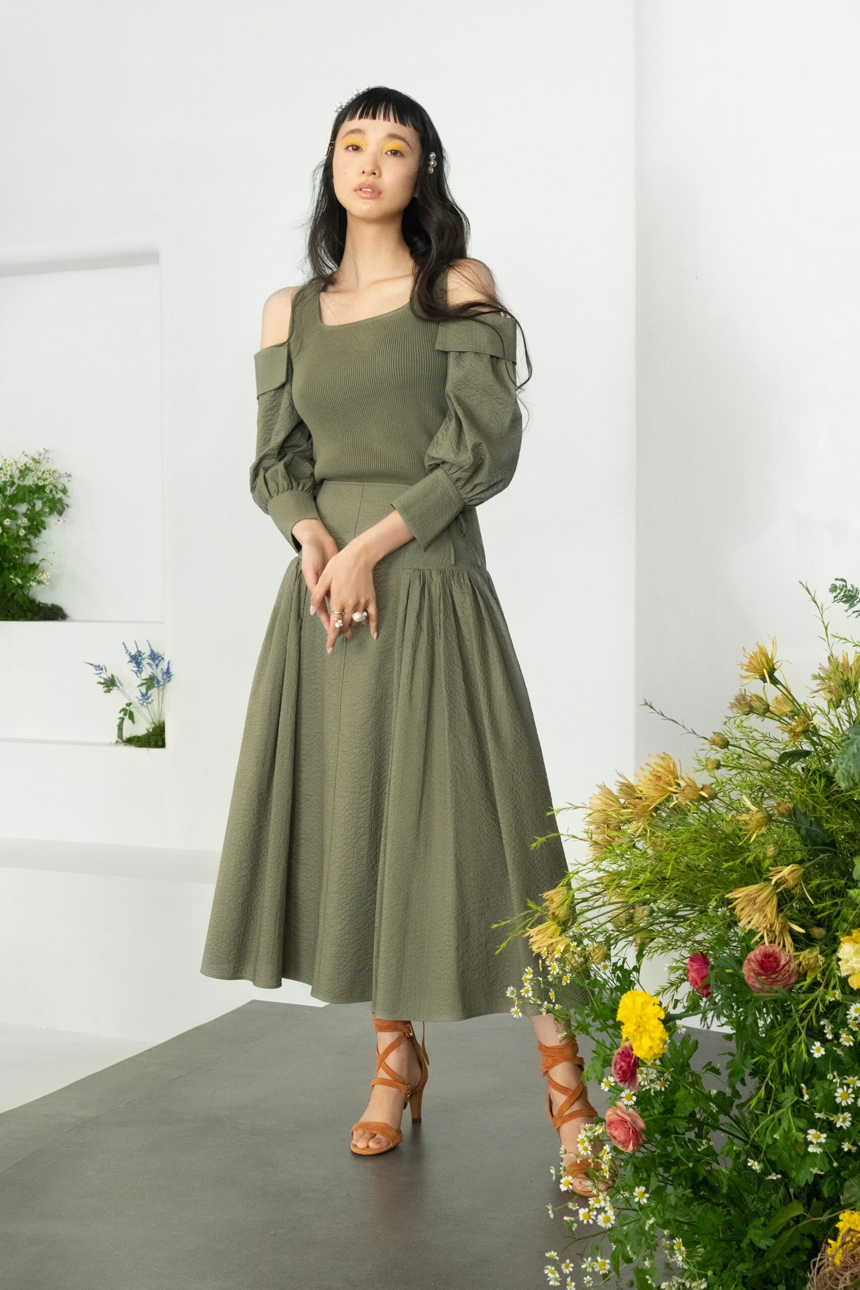 green cotton off-shoulder dress