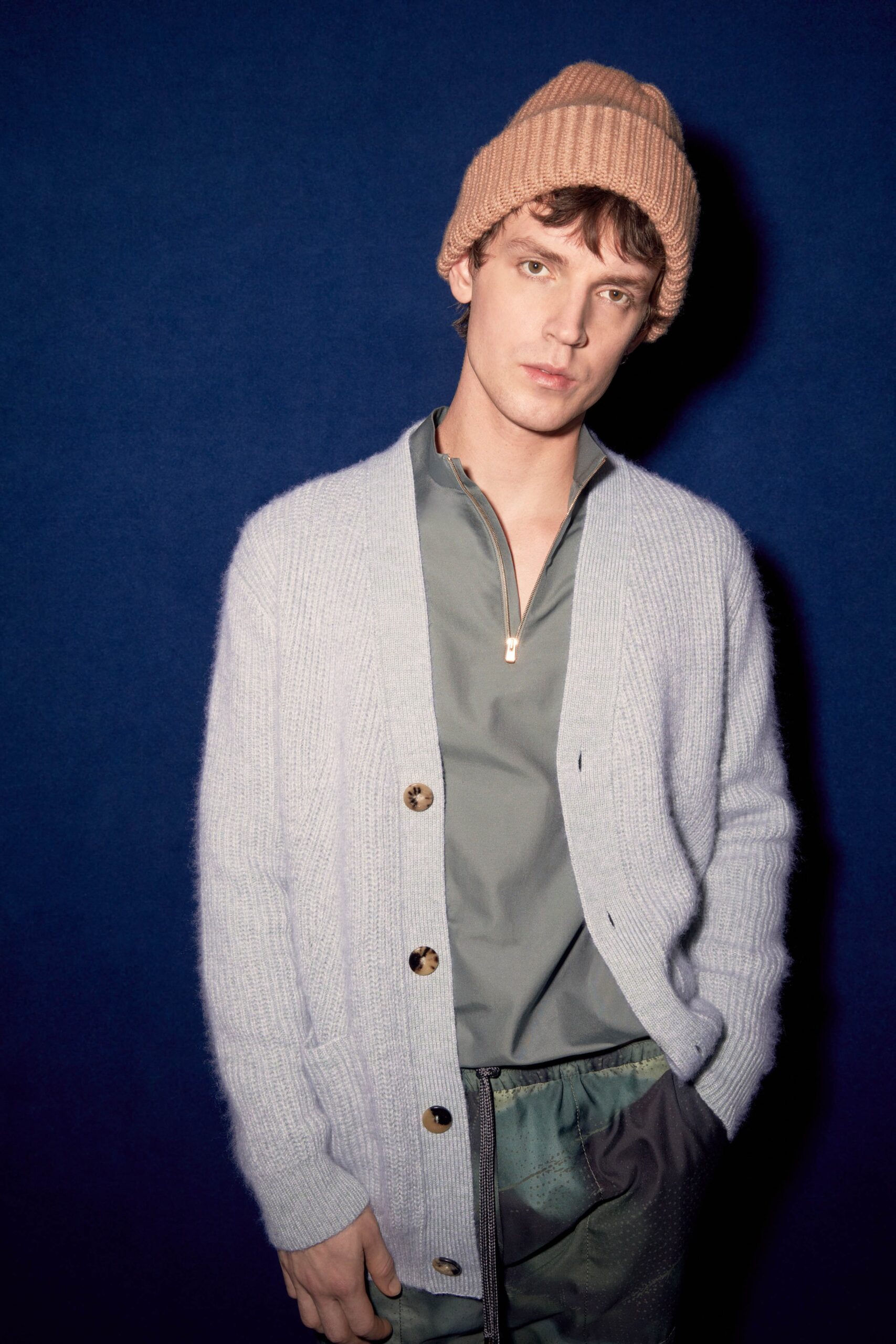 light blue cardigan with green shirt