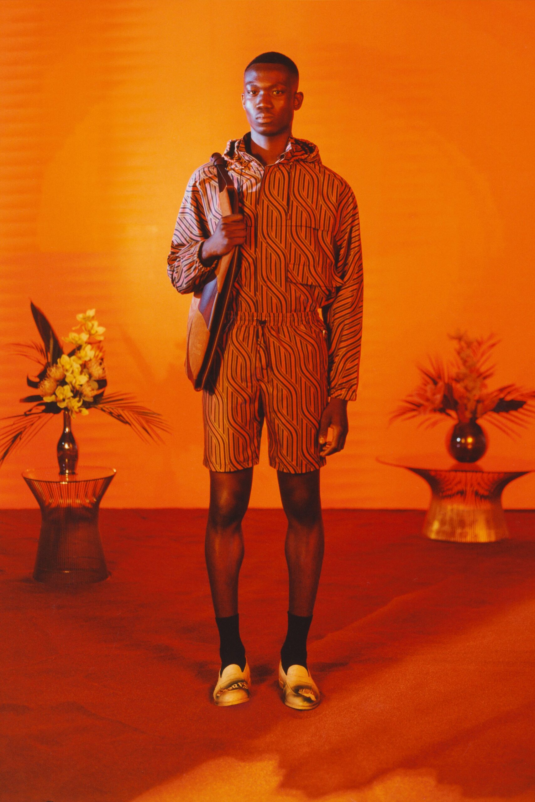brown cotton short-sleeve hooded relaxed printed romper