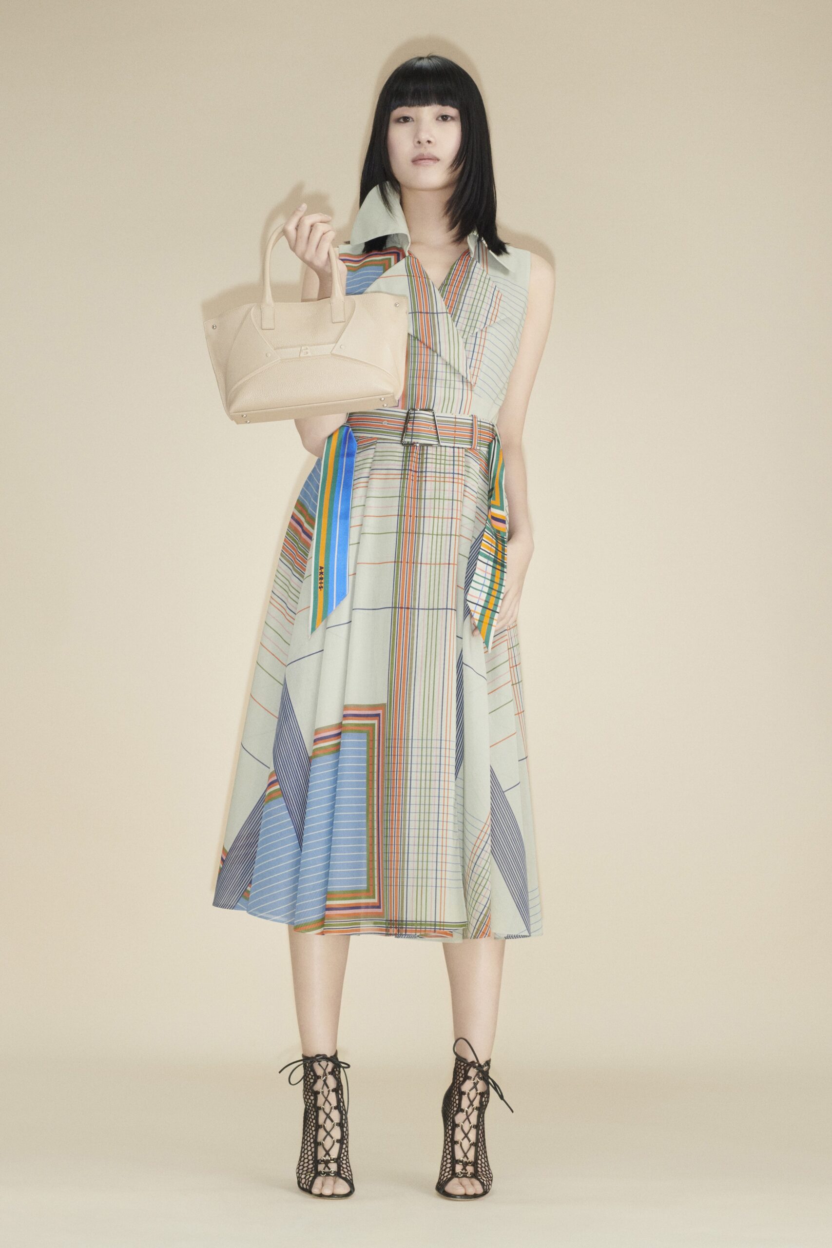 multi-colored belted midi dress
